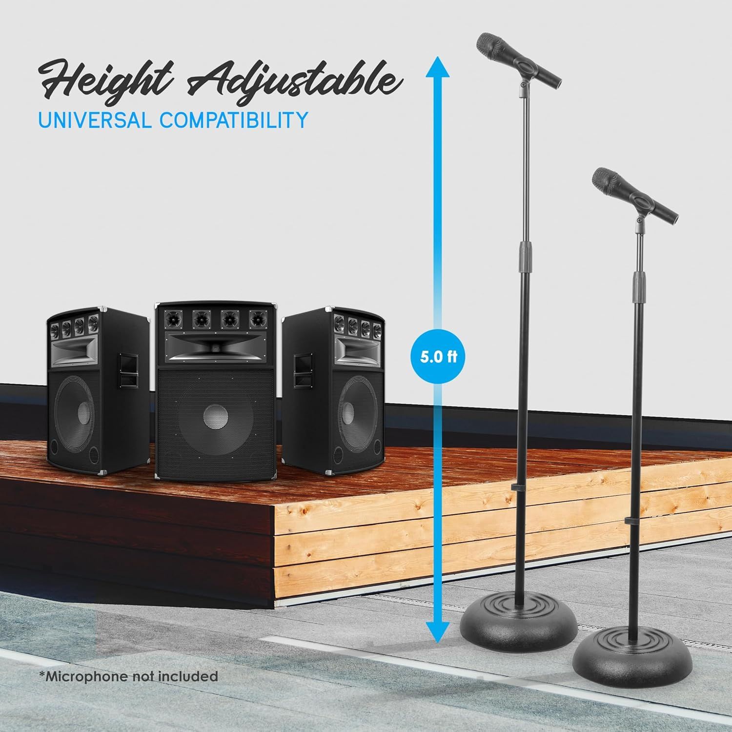 Communicates the adjustable height capability of the microphone stand, showing it can extend up to 5.0 feet to accommodate different user heights and performance needs. Reassures shoppers that the…