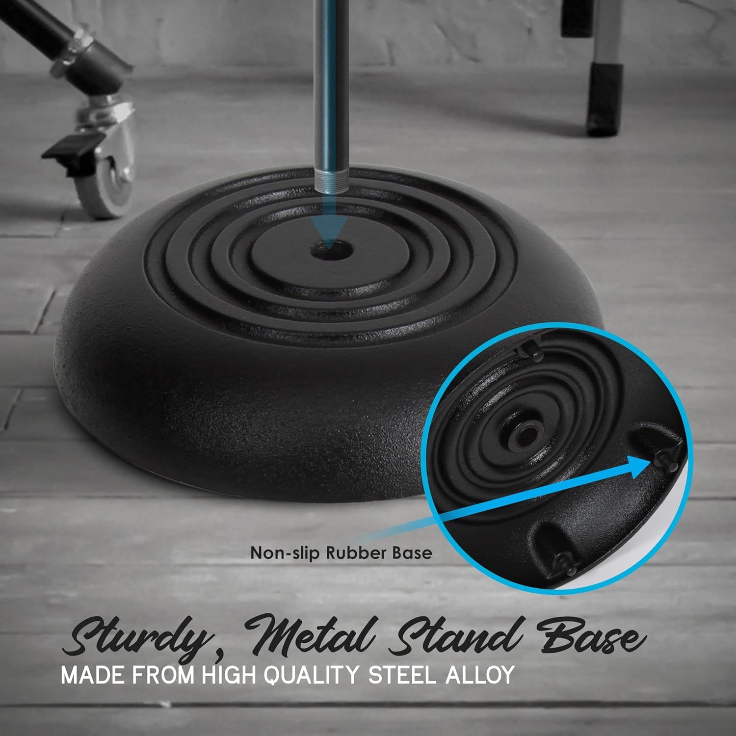 Highlights the non-slip rubber base feature of the stand to reassure shoppers that the product provides stability and prevents sliding during use. Communicates the durability and quality…