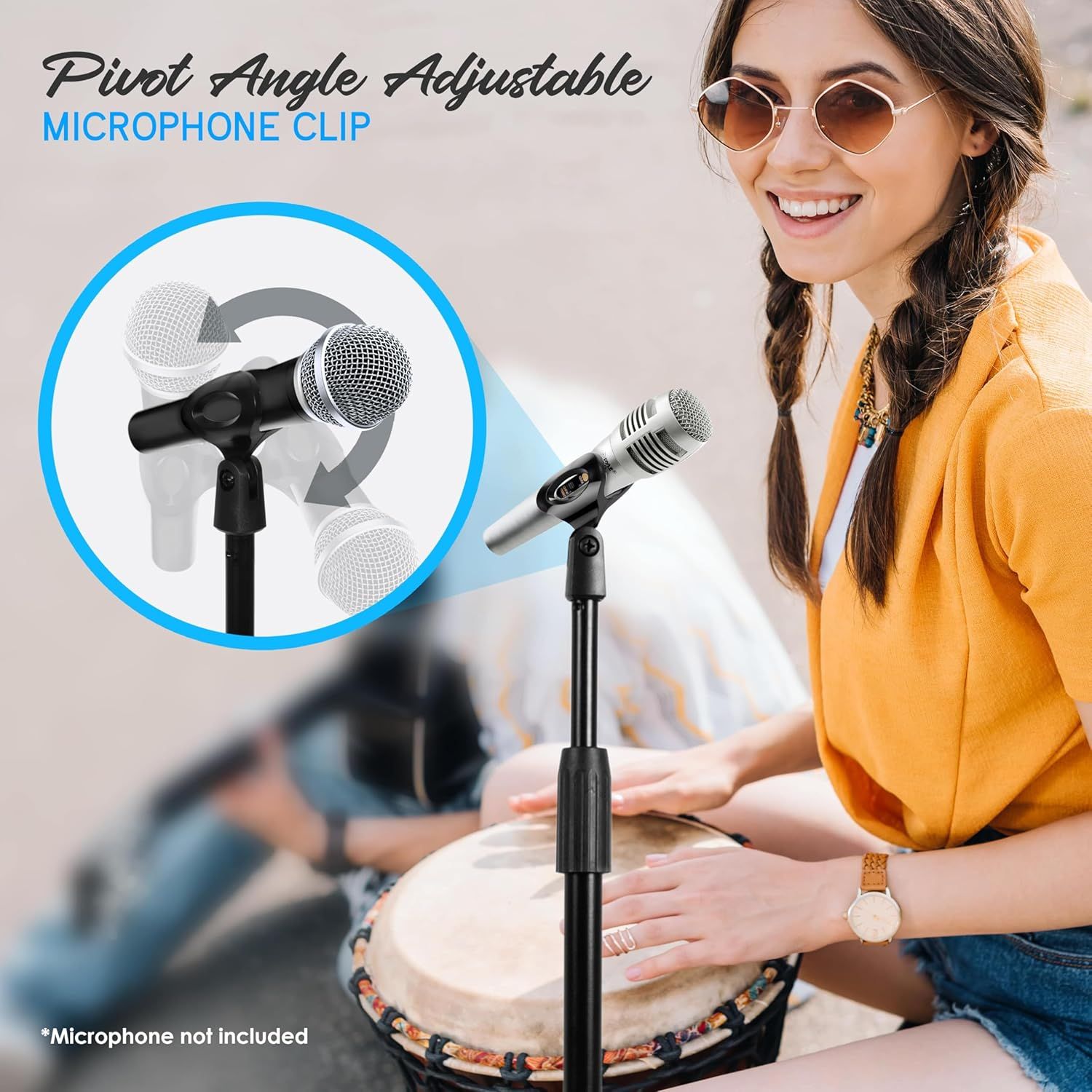 Highlights the adjustable pivot angle feature of the microphone clip, showing shoppers how the clip can be positioned at different angles for optimal microphone placement.