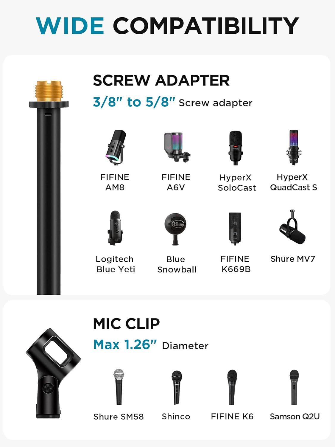 Demonstrates the wide range of microphone models and brands that are compatible with the product's screw adapter and mic clip, reassuring shoppers that it will work with their specific equipment.