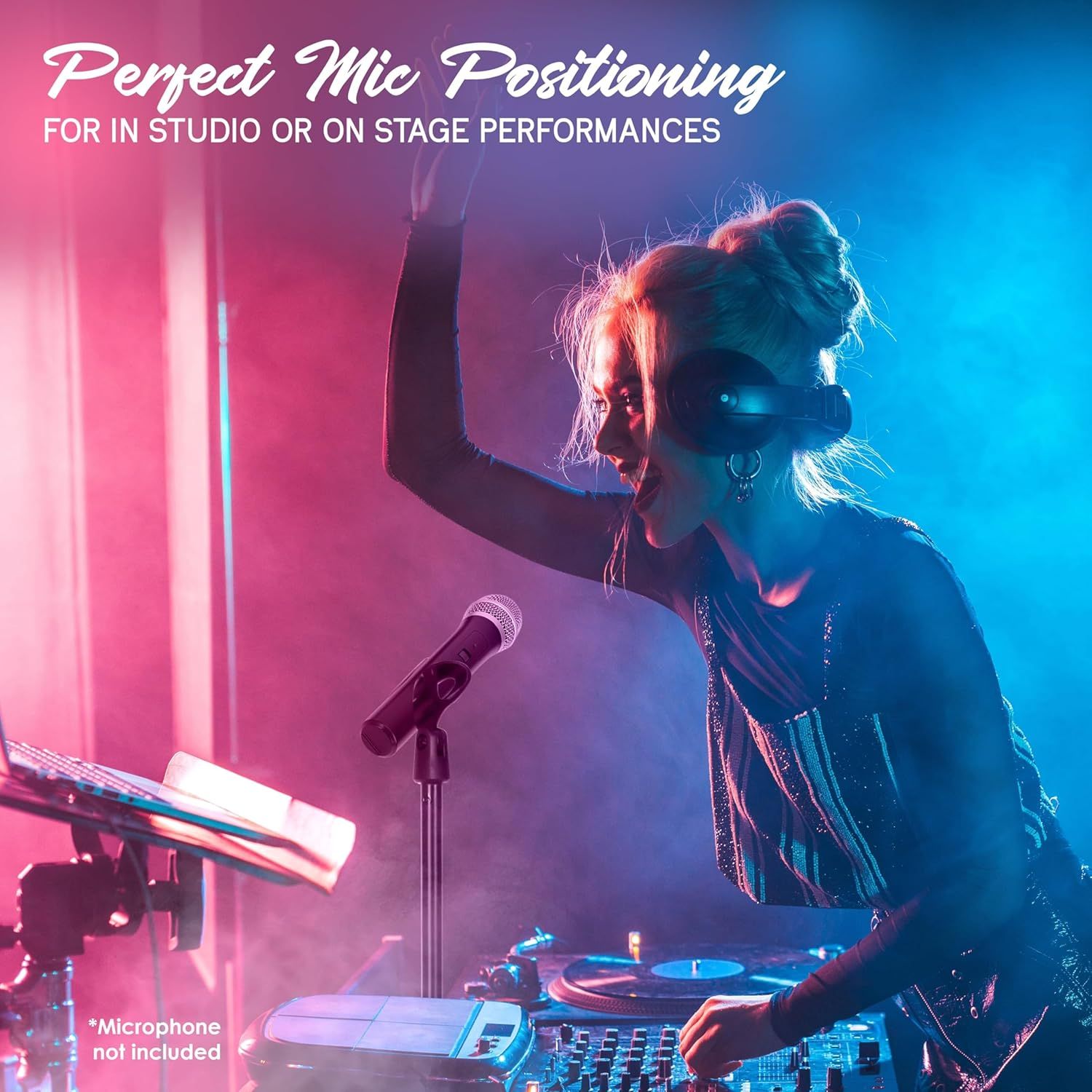 Demonstrates the product's suitability for professional performance settings, reassuring musicians and performers that it provides optimal microphone positioning for studio or stage use.