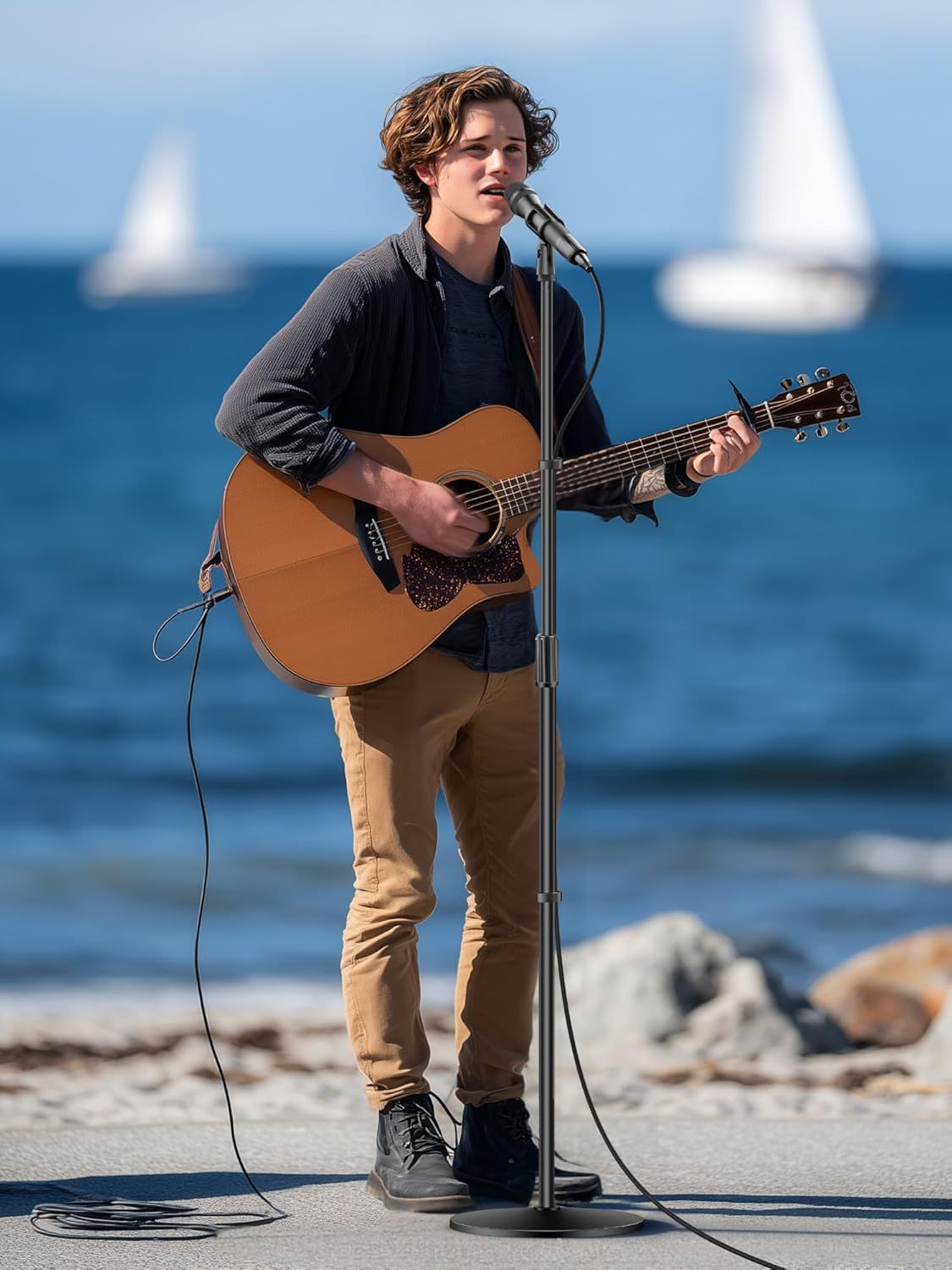 Showcases the product in a real-world outdoor lifestyle context by the ocean, creating an aspirational and authentic connection with the shopper.
