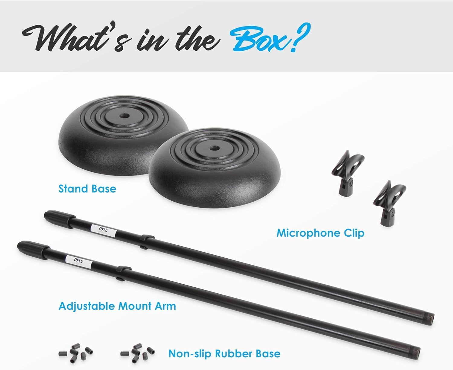 Shows all components included with the purchase to help shoppers understand the complete package they will receive, including stand bases, adjustable mount arms, microphone clips, and non-slip…