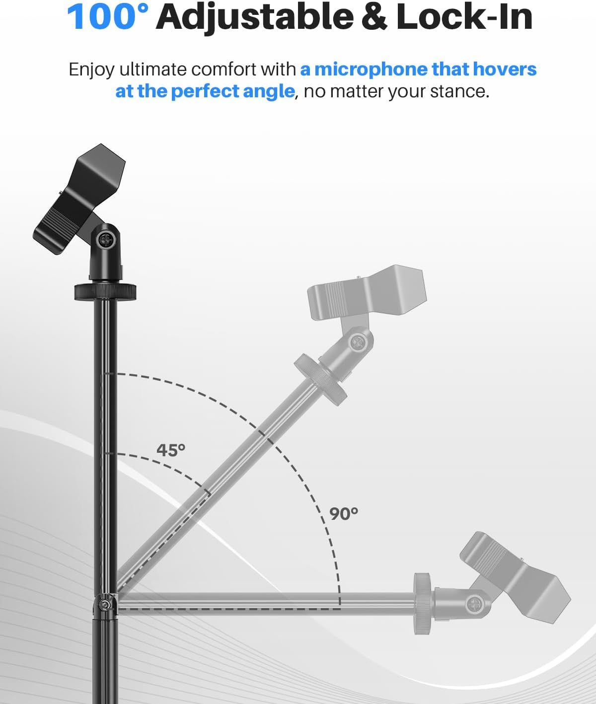 Demonstrates the microphone's adjustable positioning feature, showing how it can be angled from 45° to 90° to ensure optimal comfort and positioning for any user stance.