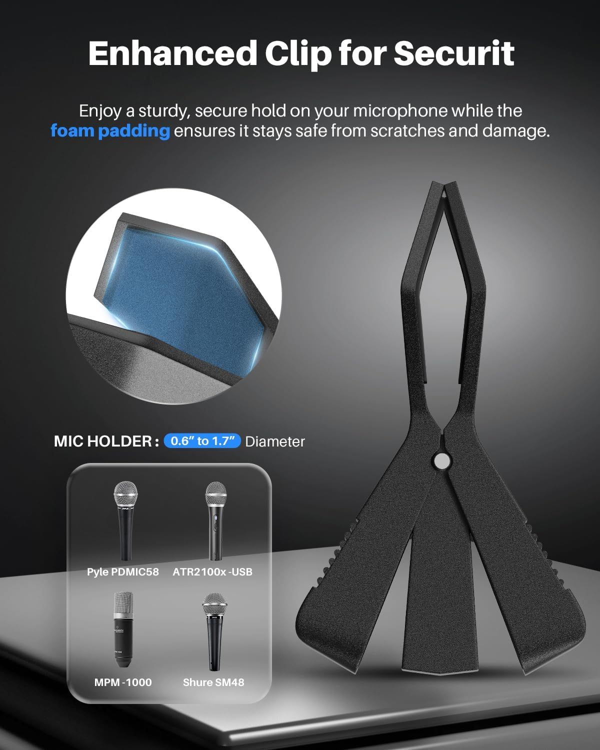 Highlights the physical components of the microphone clip, specifically the foam padding and secure grip mechanism, to reassure shoppers that the product protects microphones from scratches while…