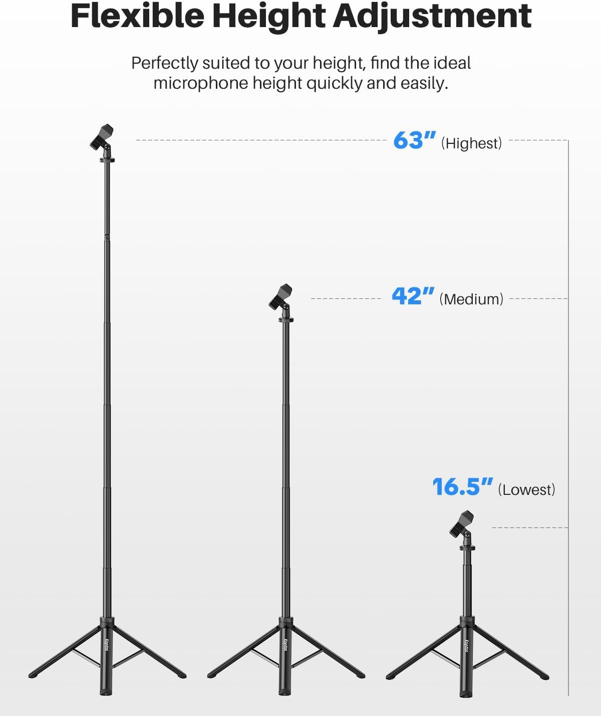 Demonstrates the microphone stand's adjustable height range from 16.5 inches to 63 inches, helping shoppers understand the product's flexibility and suitability for different user heights and…