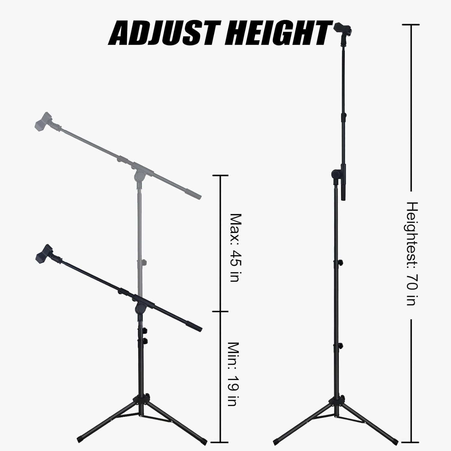 Communicates the product's height adjustability range (minimum 19 inches to maximum 45 inches and highest 70 inches) to help shoppers understand the product's flexibility and physical dimensions.