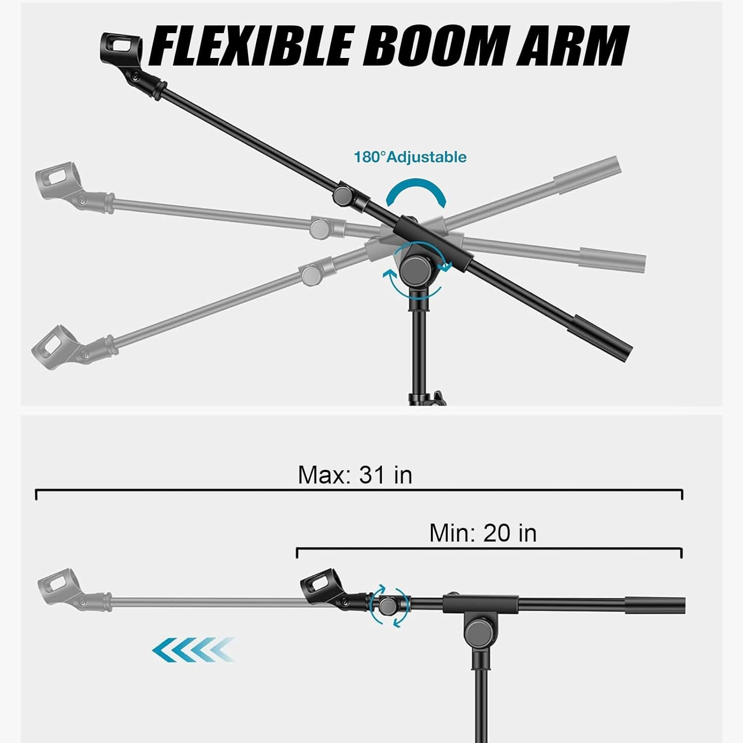 Demonstrates the physical components and adjustability features of the boom arm, showing how the arm can rotate 180 degrees and extend/retract between 20 and 31 inches to help shoppers understand…