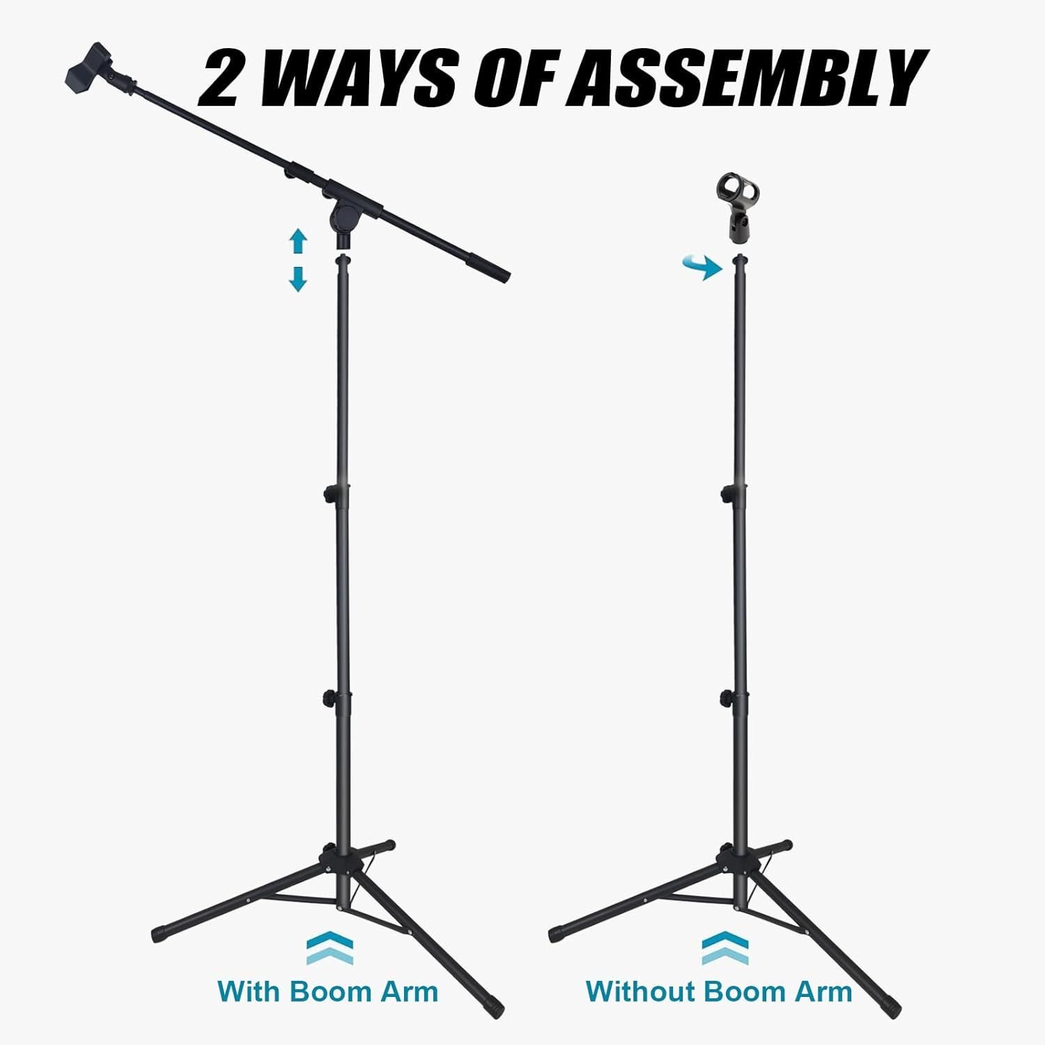 Demonstrates the two different ways the microphone stand can be assembled (with or without boom arm), helping shoppers understand the product's versatility and setup options.