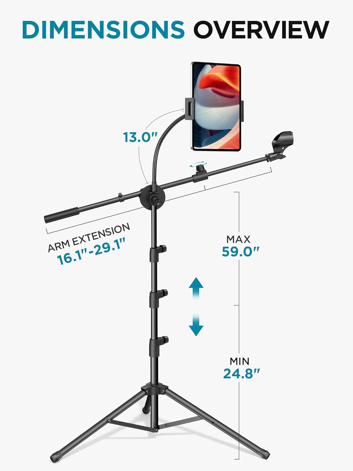 Communicates the physical size and adjustability of the tablet stand, showing shoppers the exact measurements for height range, arm extension, and gooseneck length to help them understand if it fits…