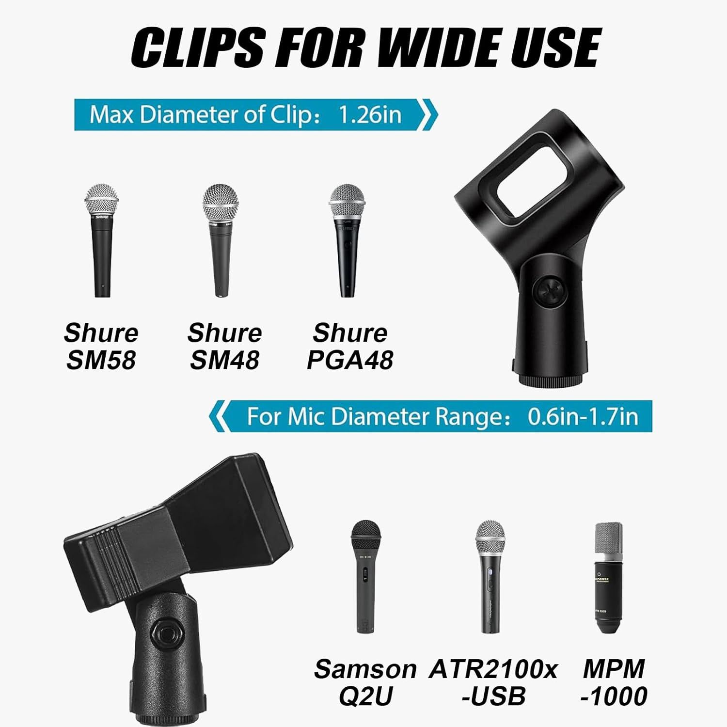 Demonstrates the wide compatibility of the microphone clips by showing they work with multiple specific microphone models and diameter ranges, reassuring buyers the product will fit their equipment.