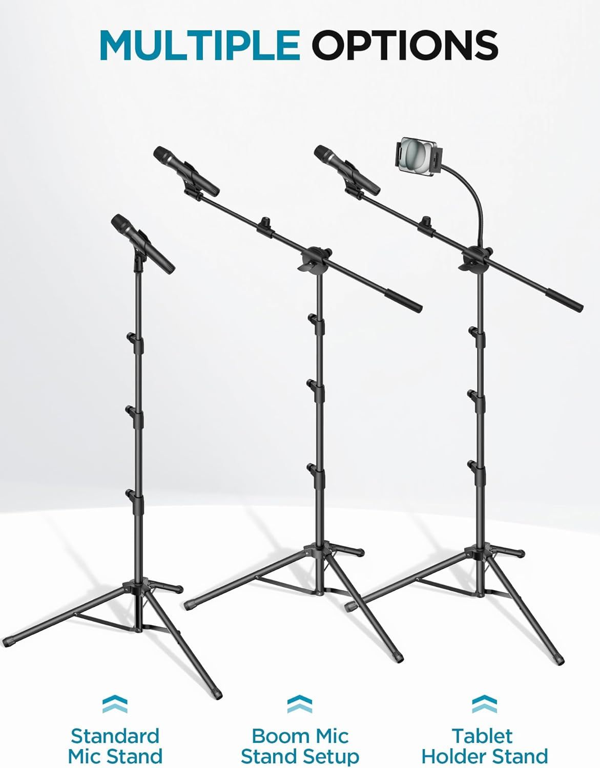 Showcases the brand's product lineup by displaying three different configuration options for the microphone stand system, helping shoppers understand the versatility and choose the setup that best…