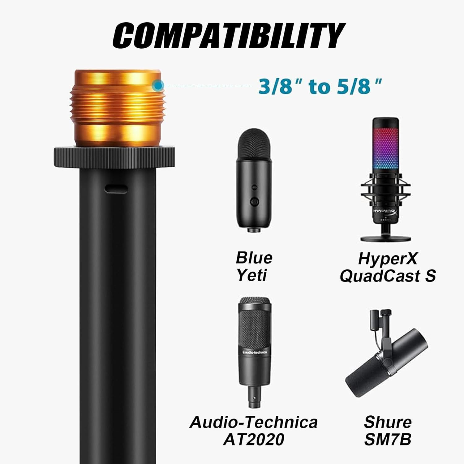 Demonstrates which popular microphone models are compatible with the product's 3/8" to 5/8" threading, reassuring shoppers that it works with their existing equipment.