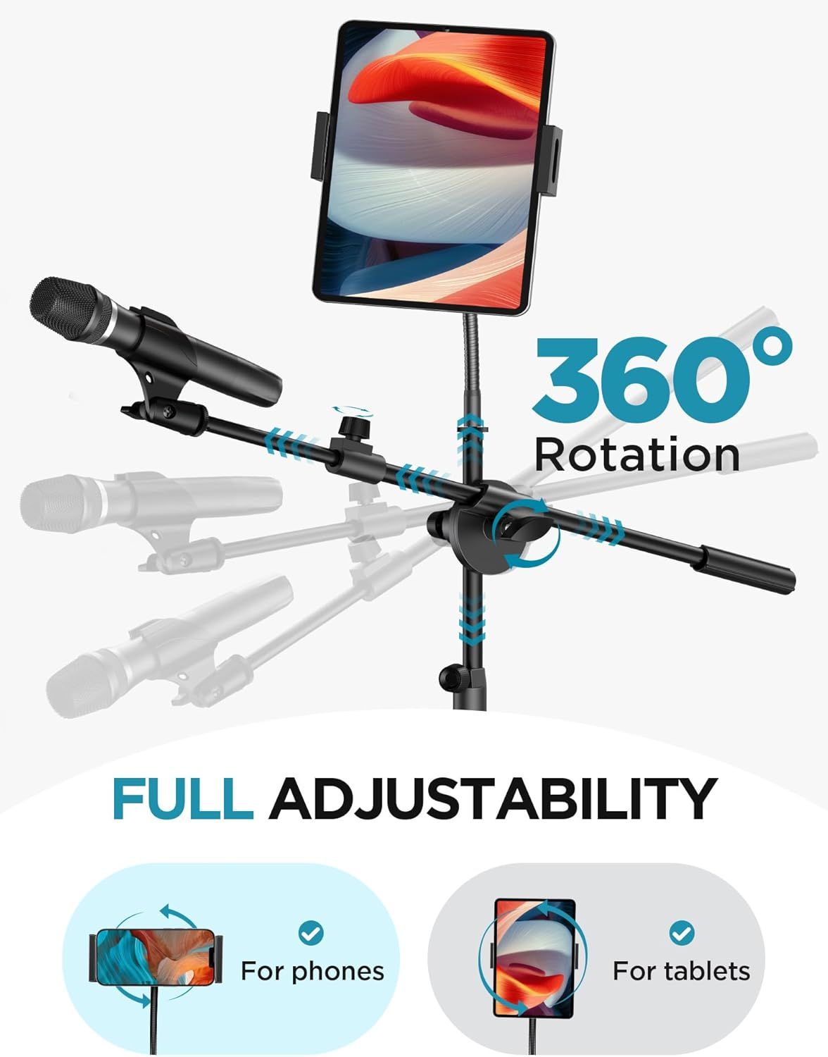 Communicates the product's versatility through multiple distinct benefits: 360-degree rotation capability and full adjustability for both phones and tablets, reassuring shoppers of flexible…