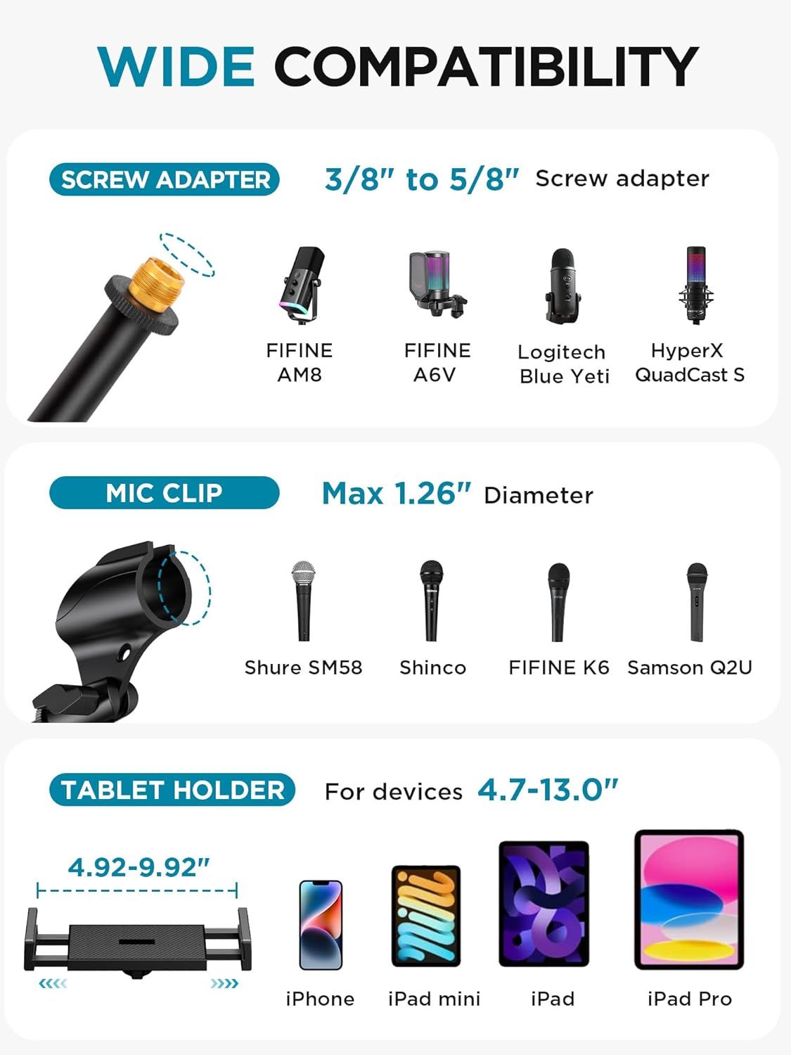 Demonstrates the product's wide compatibility across multiple device types and brands, showing which microphones, tablets, and accessories work with the product to reassure shoppers of its…