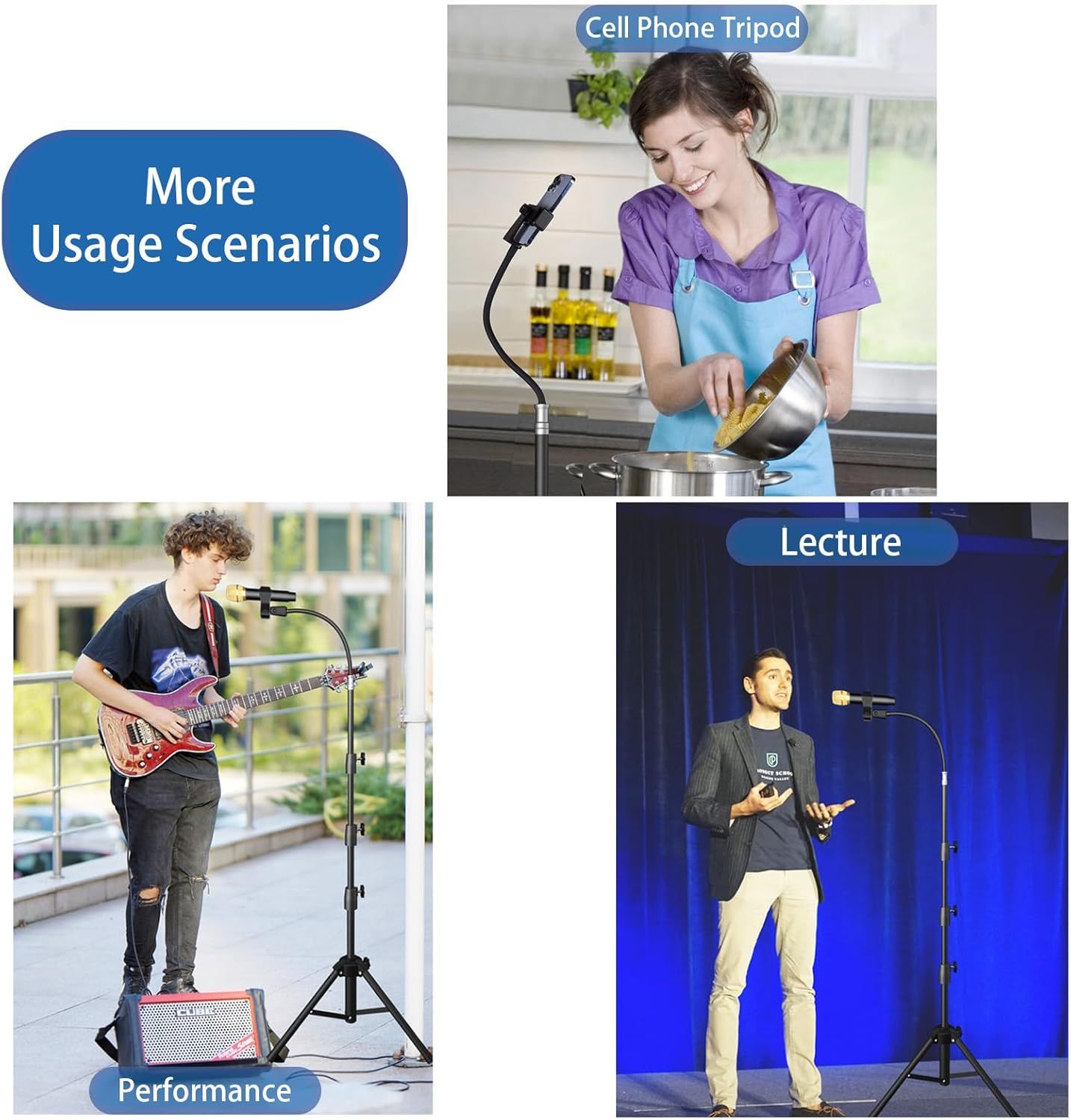 Demonstrates the versatility of the cell phone tripod by showing it can be used in multiple real-world scenarios including cooking, musical performance, and public speaking.