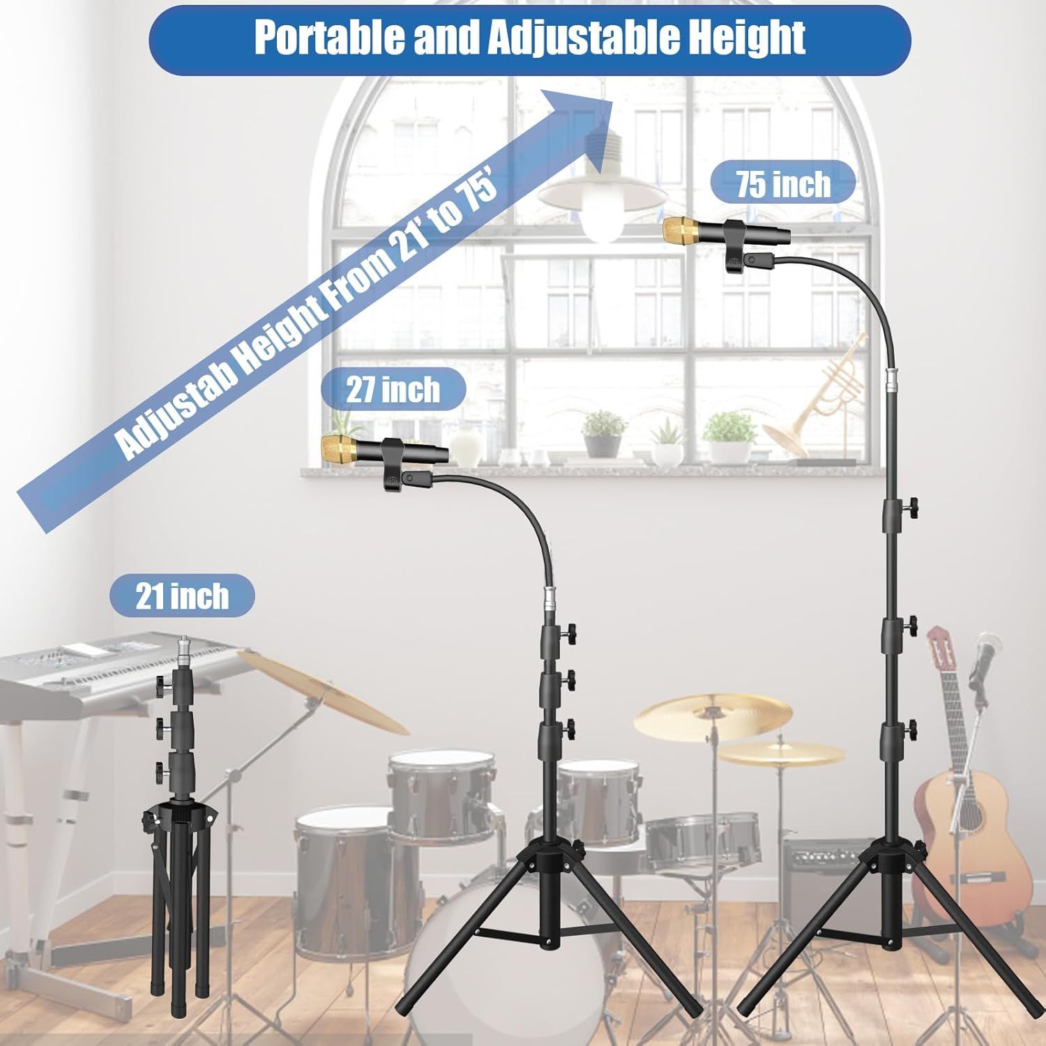 Demonstrates the product's adjustable height capability from 21 to 75 inches, reassuring shoppers that the stand can be customized to different use cases and is portable. Highlights the key benefit…