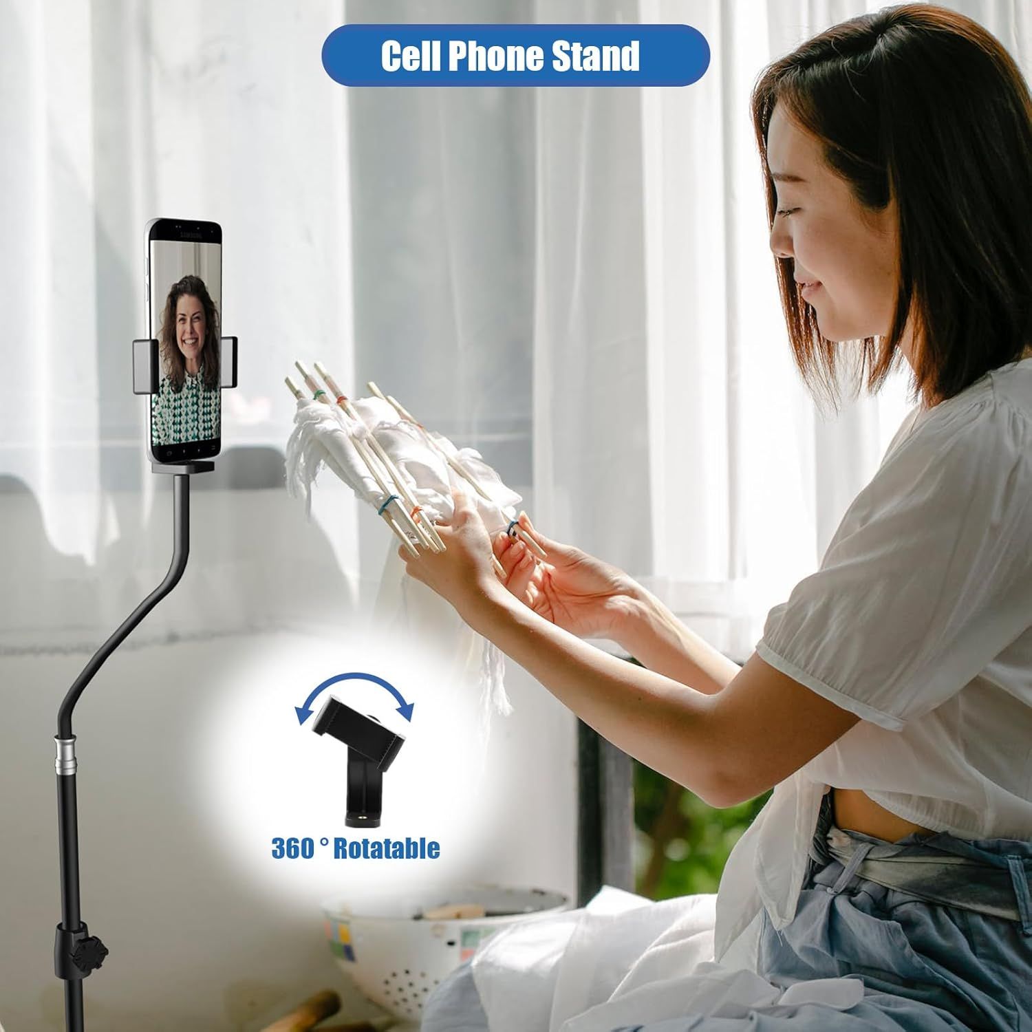 Demonstrates the cell phone stand's versatility with hands-free use for video calls and its 360-degree rotation feature, reassuring shoppers of its flexibility and convenience.