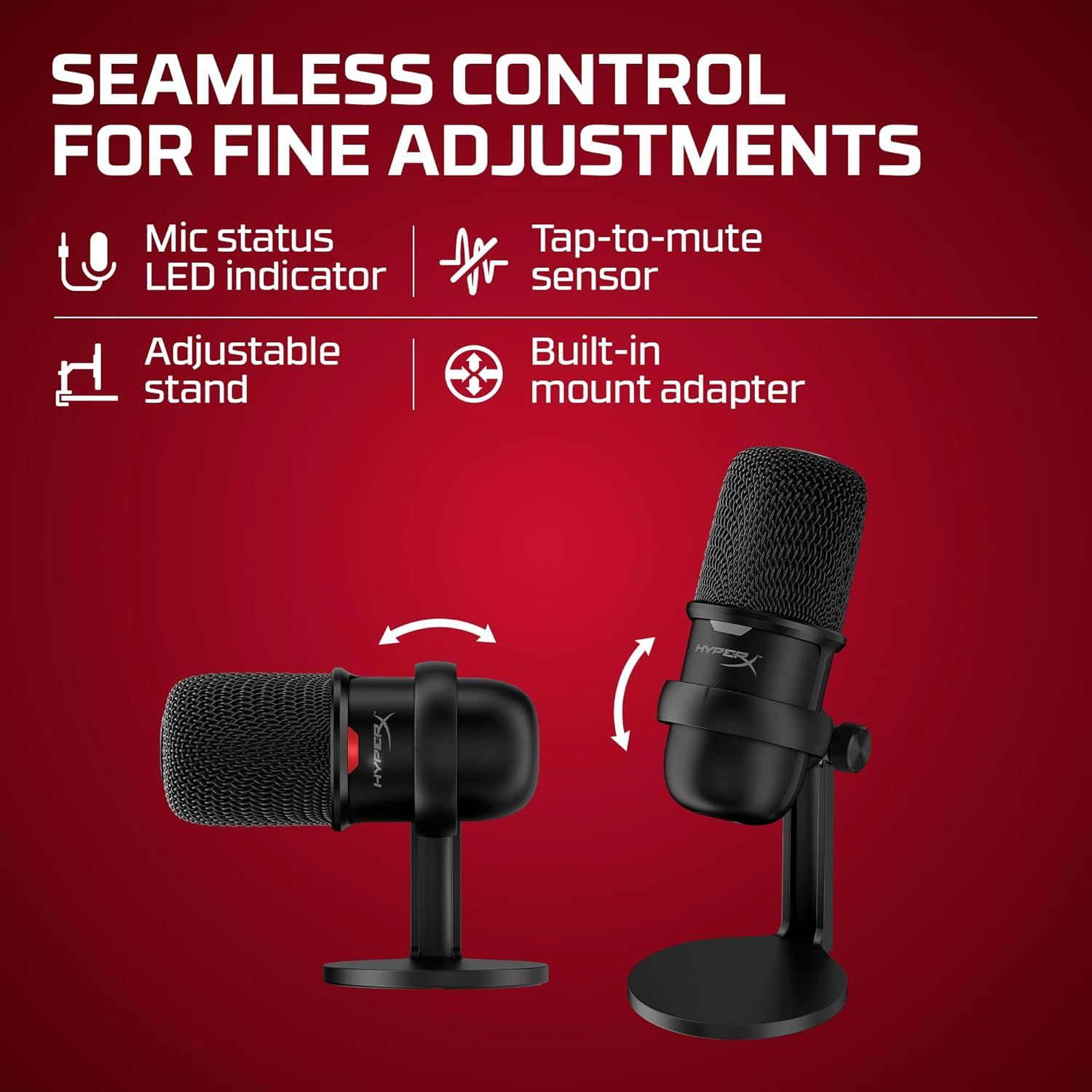Communicates multiple distinct features of the microphone in a segmented layout, showing shoppers the product's versatility and control options for seamless audio adjustments.