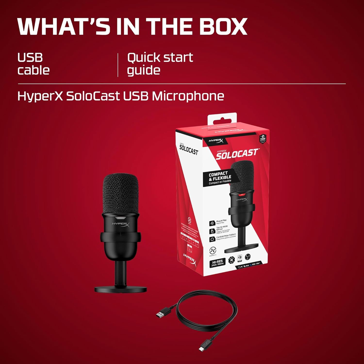 Shows the customer exactly what they will receive in the box: the HyperX SoloCast USB Microphone, USB cable, and quick start guide, providing clarity and setting expectations for the purchase.