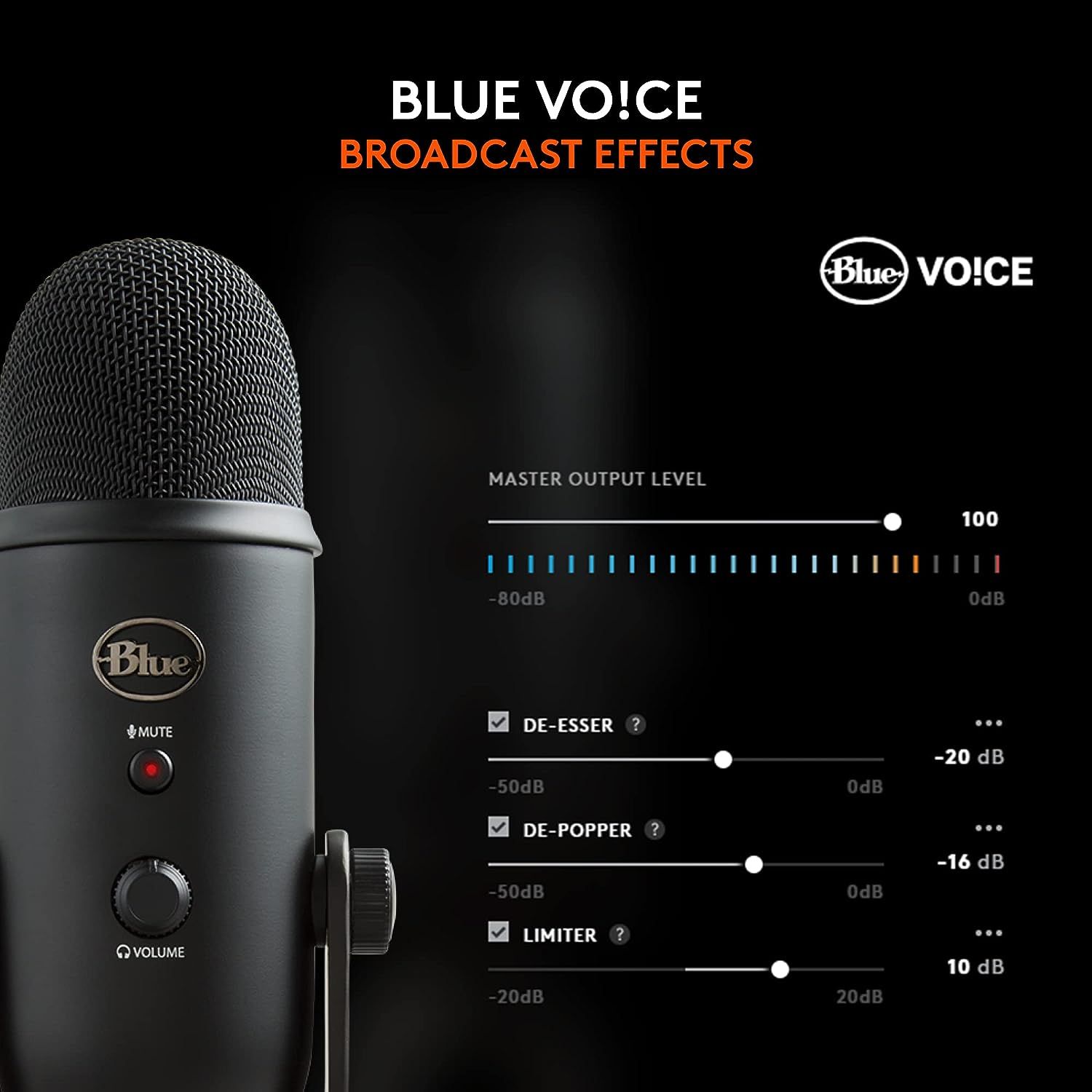 Demonstrates the product's professional broadcast effects software capabilities, showing the user interface with audio controls like de-esser, de-popper, and limiter to communicate advanced audio…