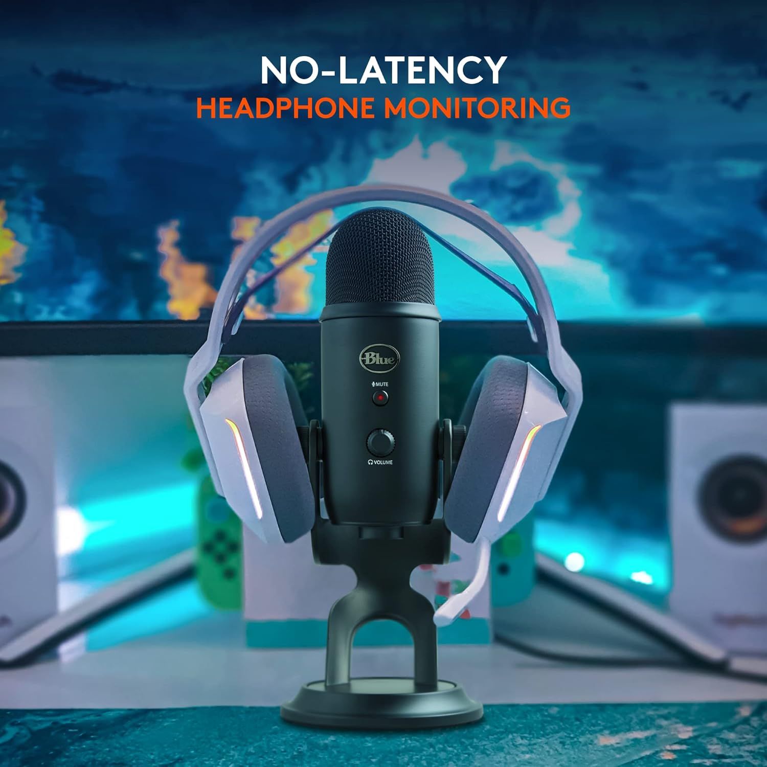 Highlights the microphone's no-latency headphone monitoring capability, reassuring gamers and content creators that they can monitor their audio in real-time without delay.