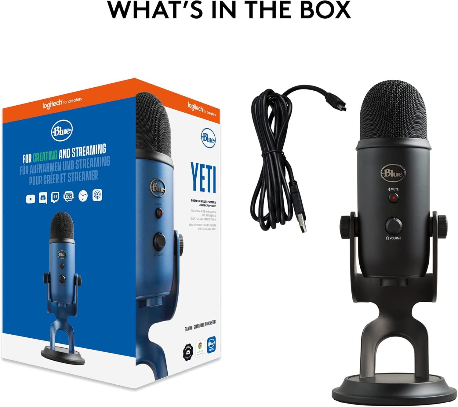 Shows the customer exactly what they will receive in the box: the Blue Yeti microphone and its USB cable, providing clarity on package contents and setting purchase expectations.