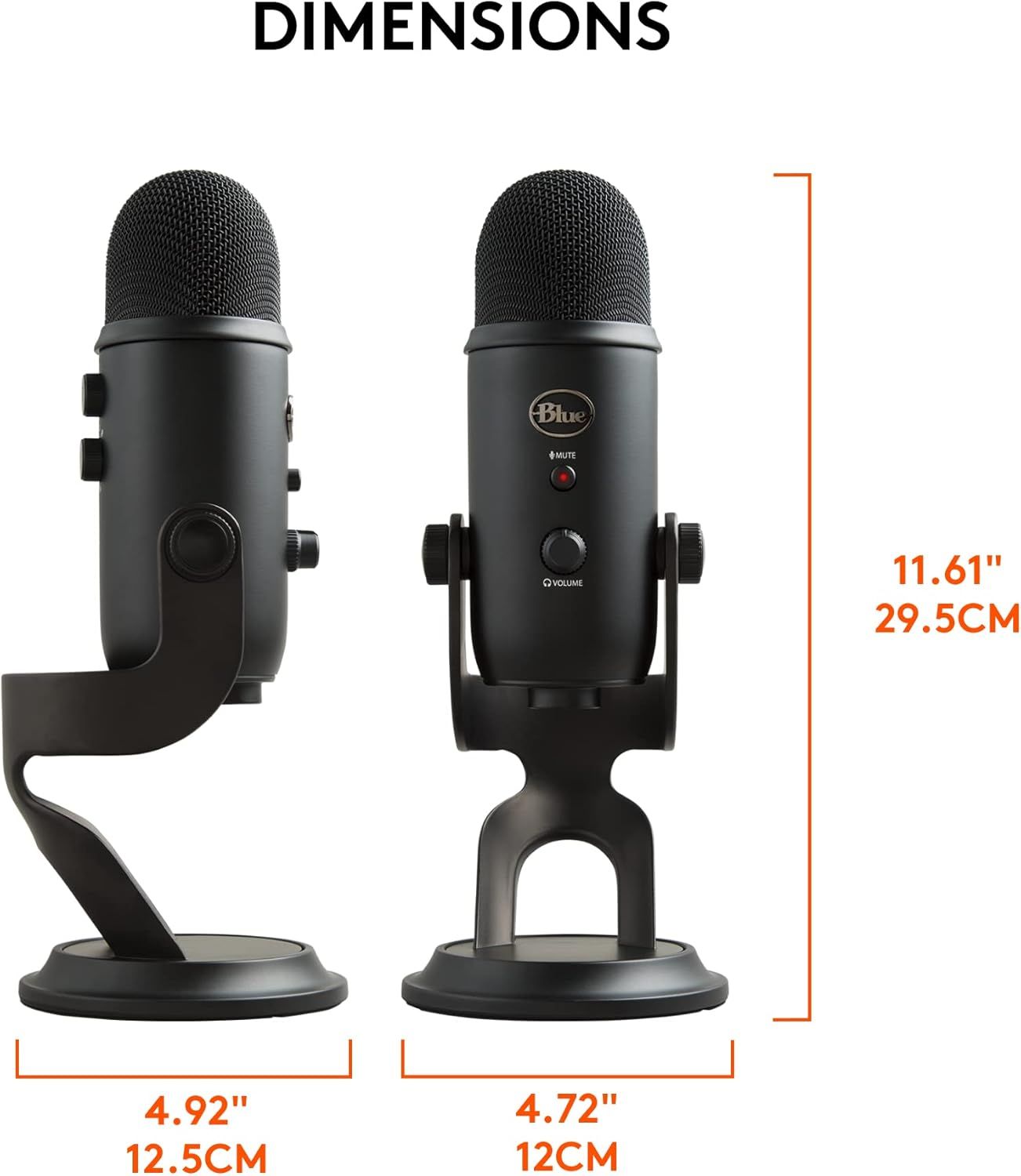 Communicates the exact physical size of the microphone in both inches and centimeters to help shoppers understand how much desk space it requires and whether it fits their setup.