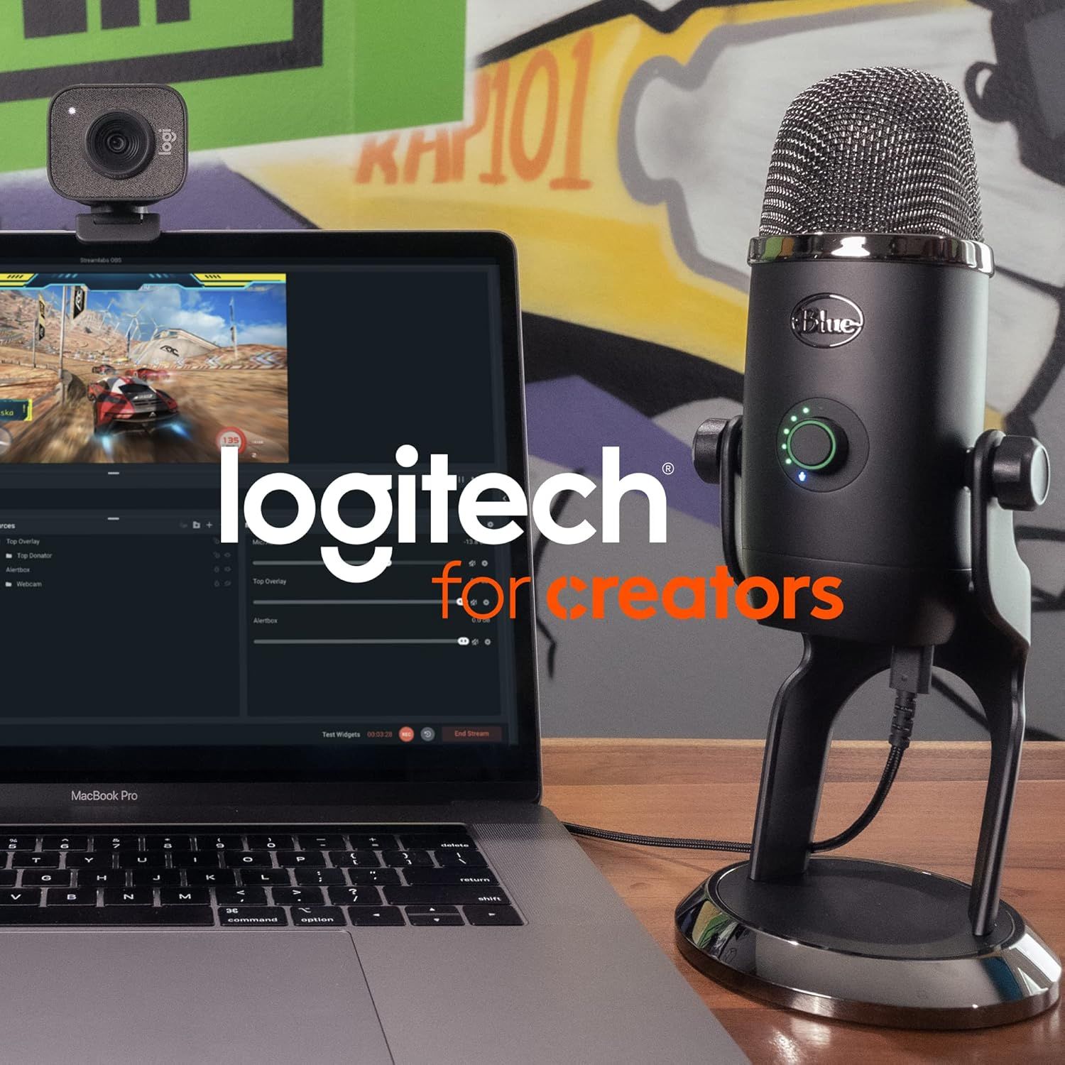 Showcases the Logitech brand's product lineup for content creators, featuring their webcam, microphone, and laptop setup to position Logitech as a comprehensive solution provider for streaming and…