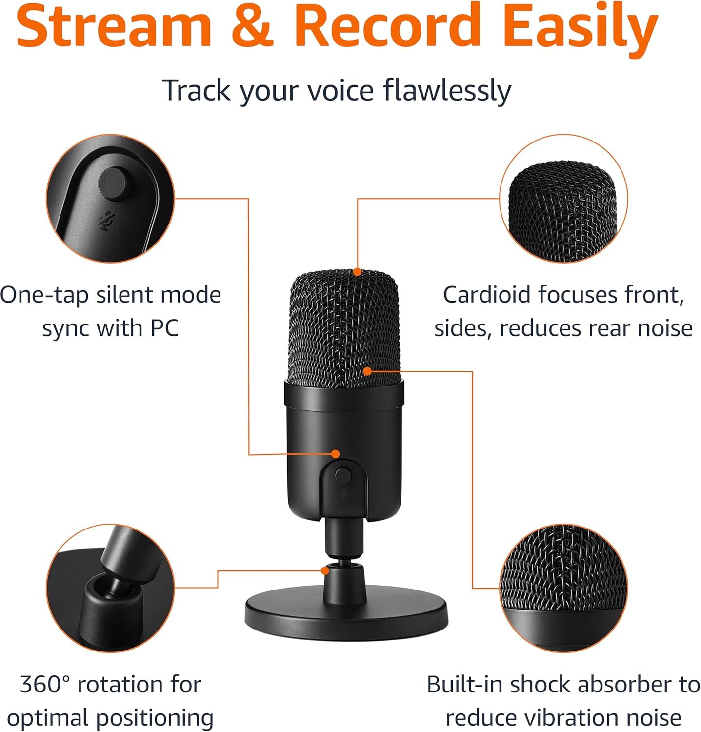 This image breaks down the microphone's key physical components and features to help shoppers understand the product's construction and functional design elements that enable streaming and…