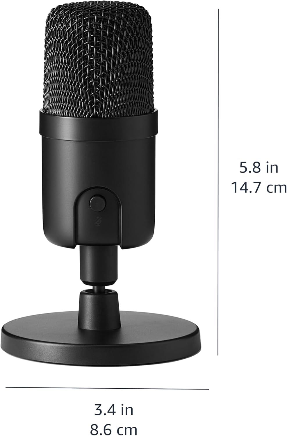 Communicates the exact physical size of the microphone (5.8 inches tall, 3.4 inches wide) to help shoppers understand how much space it will occupy on their desk or workspace.