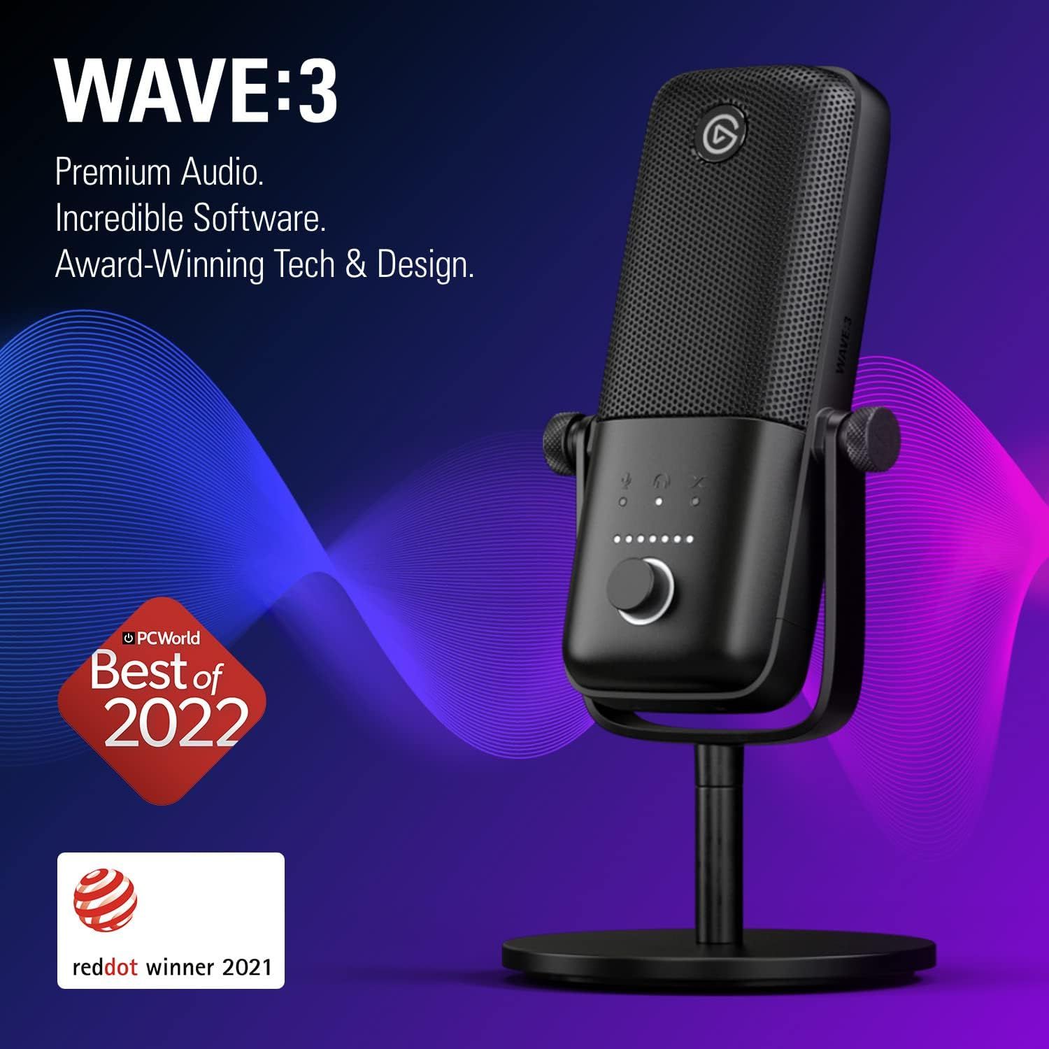 Showcases third-party awards and recognition from PCWorld and Red Dot to build credibility and trust, positioning the WAVE:3 microphone as an award-winning, professionally validated product.…