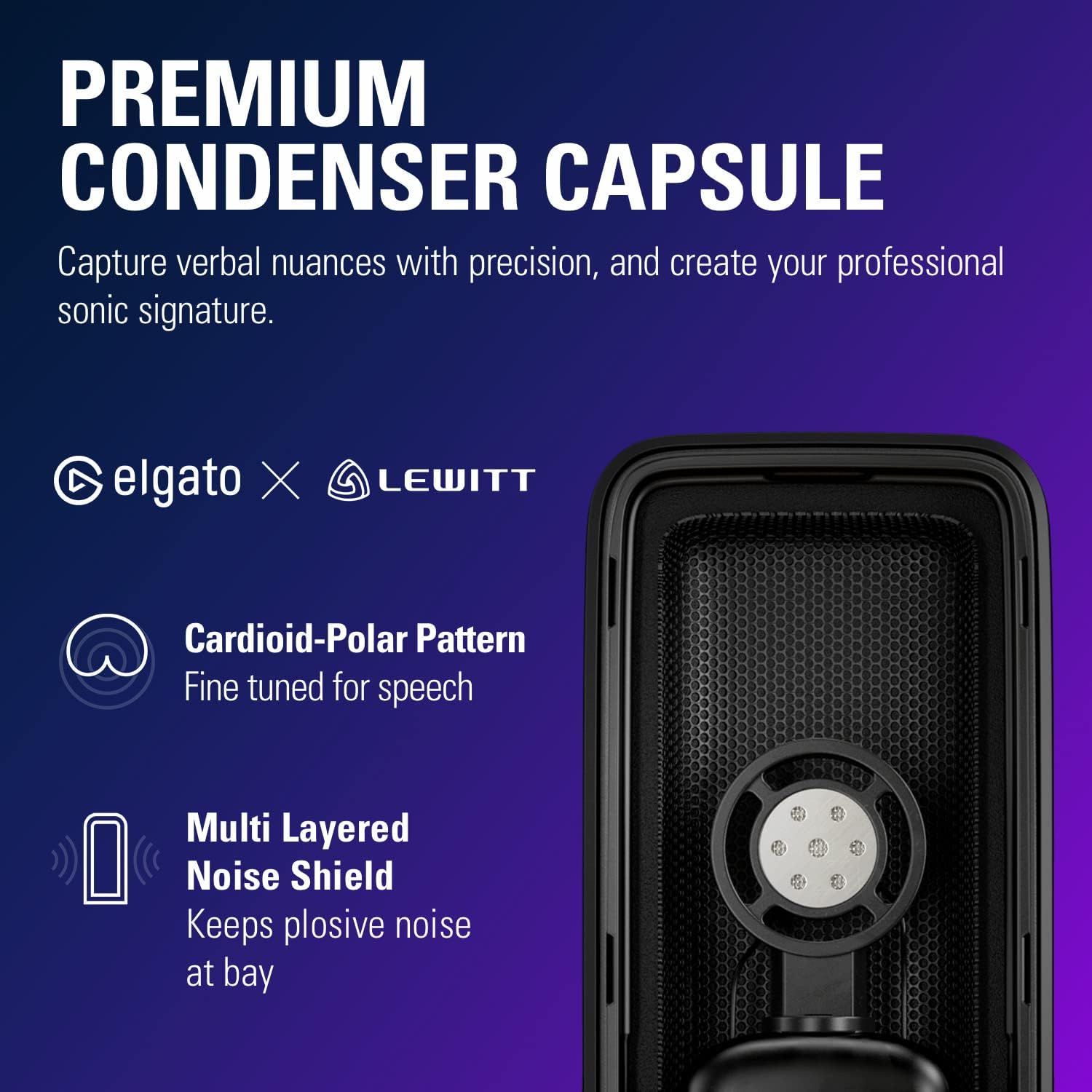 Highlights multiple technical features of the condenser capsule microphone, emphasizing its precision speech capture, cardioid-polar pattern for fine-tuned speech recording, and multi-layered noise…