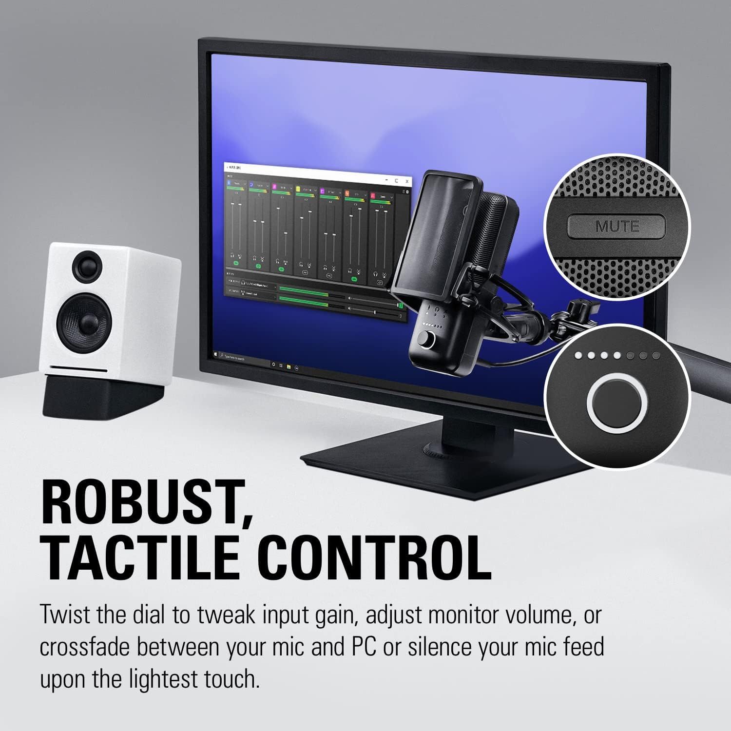 Highlights the physical control features of the microphone, showing the tactile mute button and dial control to reassure shoppers about ease of use and hands-on functionality. Communicates the…