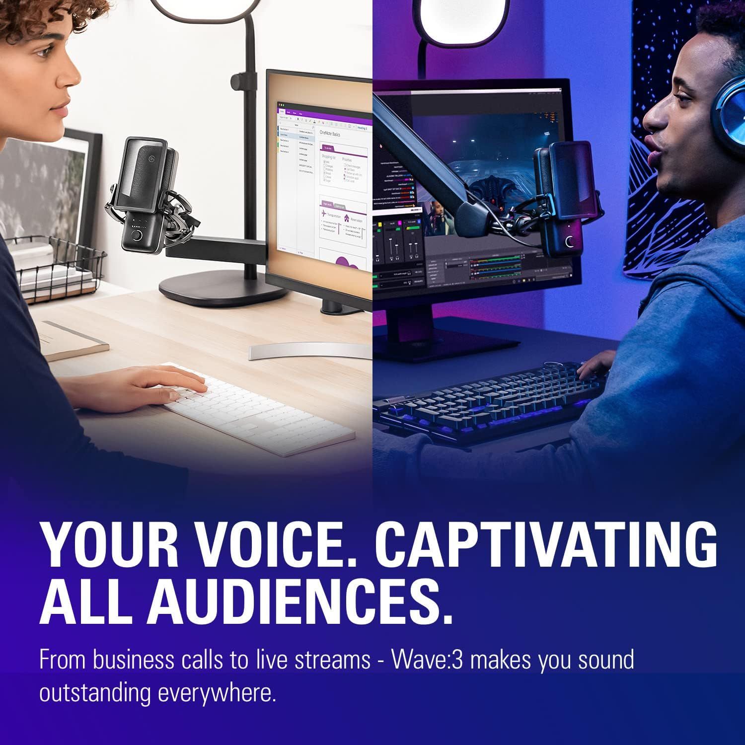 Demonstrates the microphone's versatility across multiple use cases—professional business calls and live streaming/gaming—to show it works for diverse audiences and scenarios.