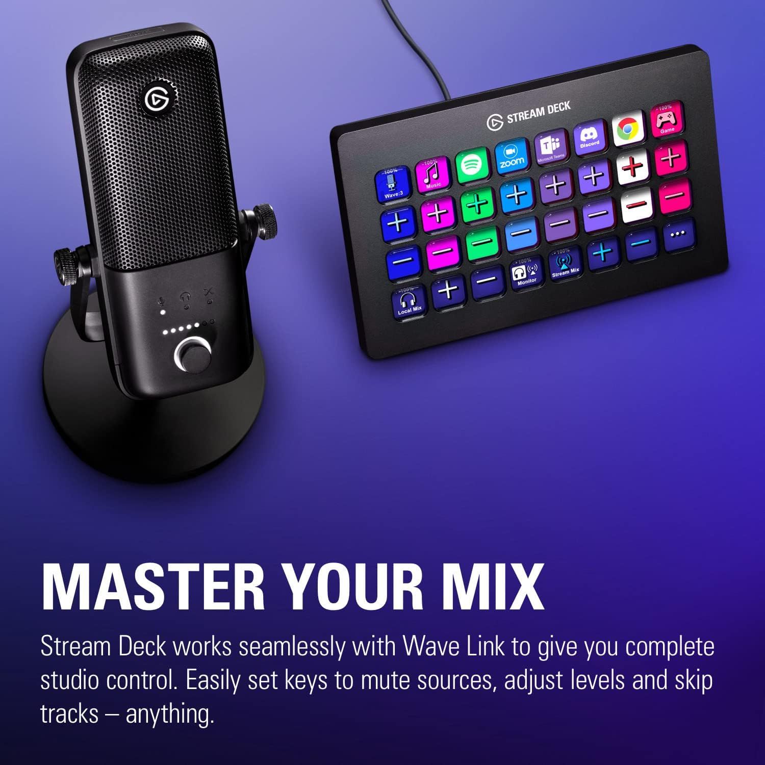 Demonstrates the Stream Deck's compatibility with multiple platforms and applications (Spotify, Zoom, Discord, Chrome, etc.) and its integration with Wave Link microphone for complete studio…