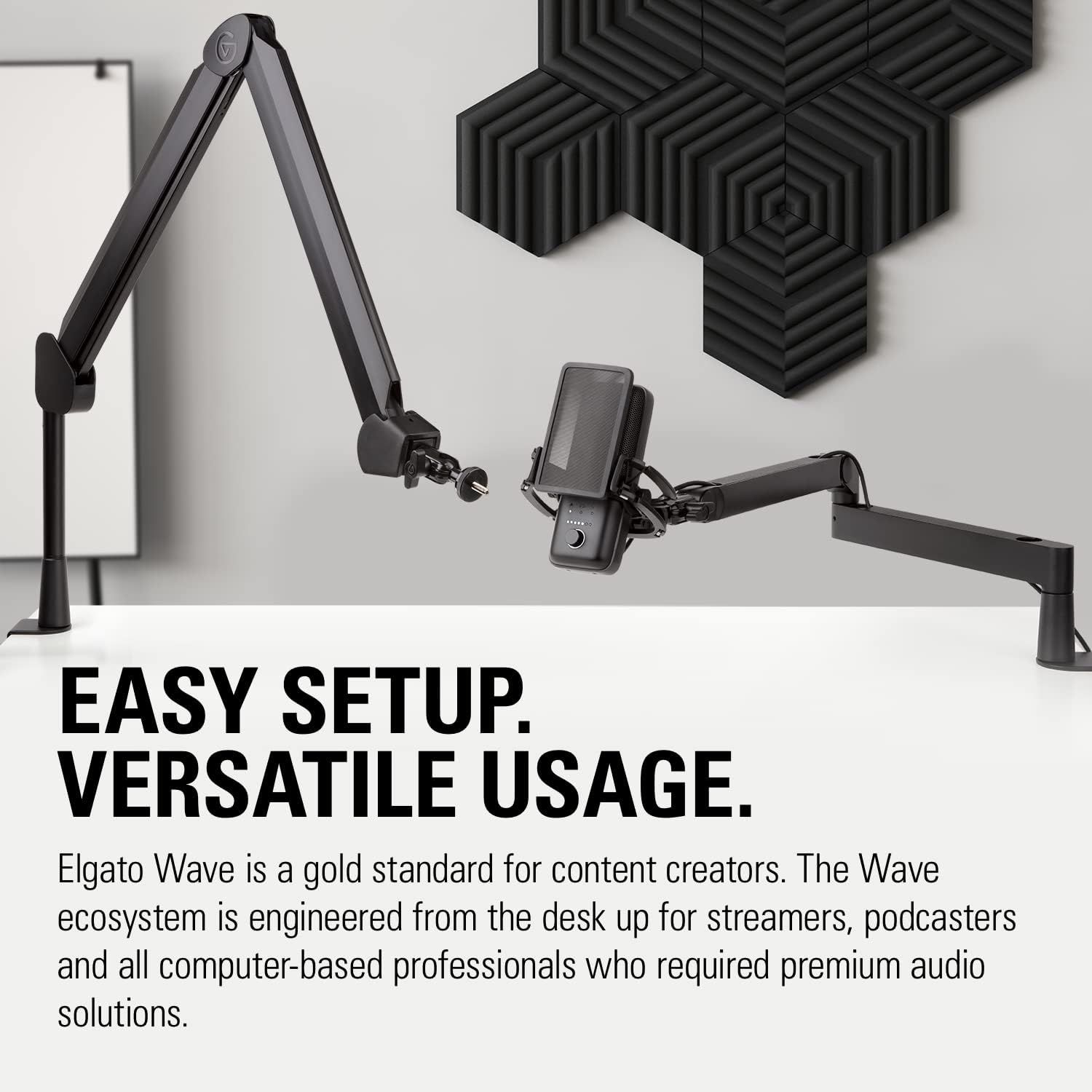 Demonstrates the simple setup and versatile positioning of the microphone boom arm system, reassuring content creators that the product is easy to install and adaptable to their workspace needs.…