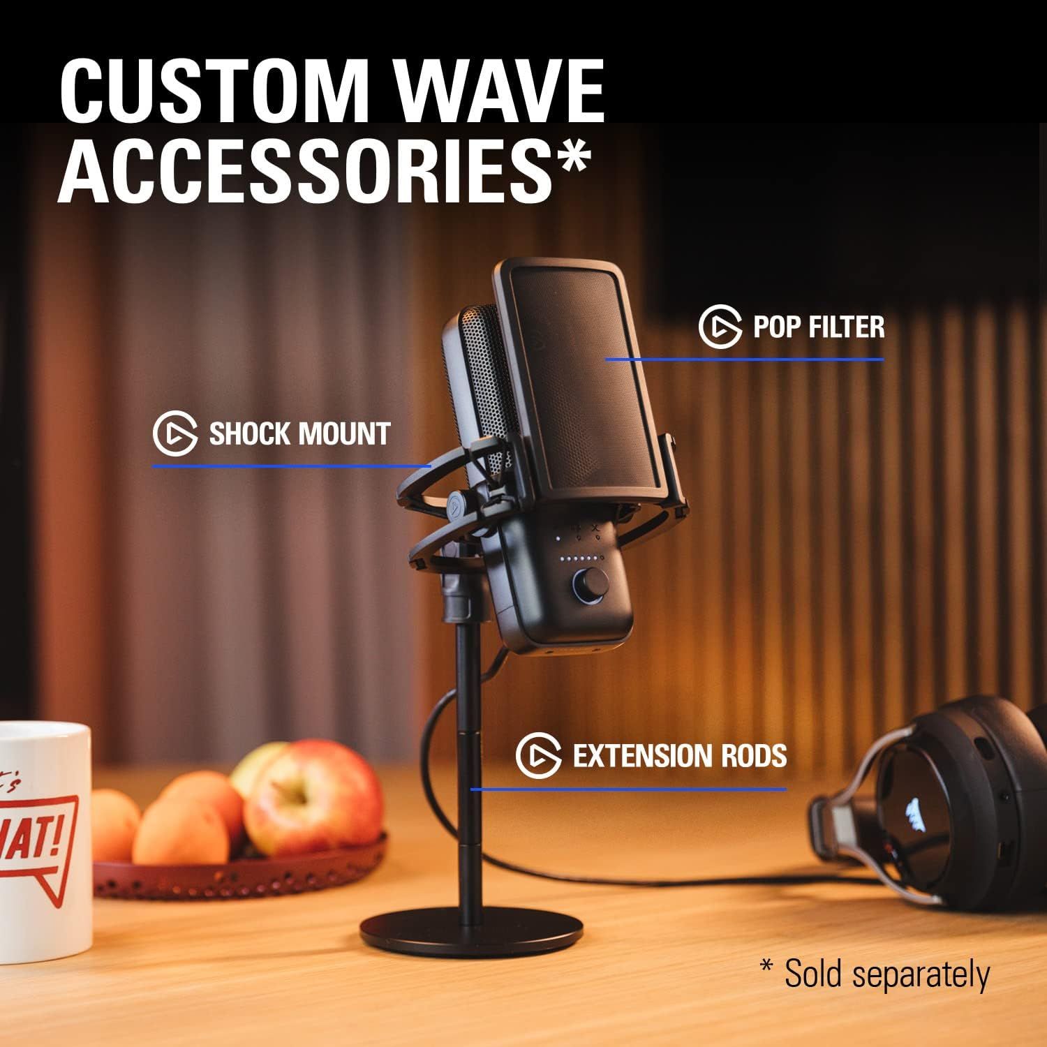 Highlights the physical components and accessories available for the microphone setup, showing shoppers what parts can be added to customize their recording experience.