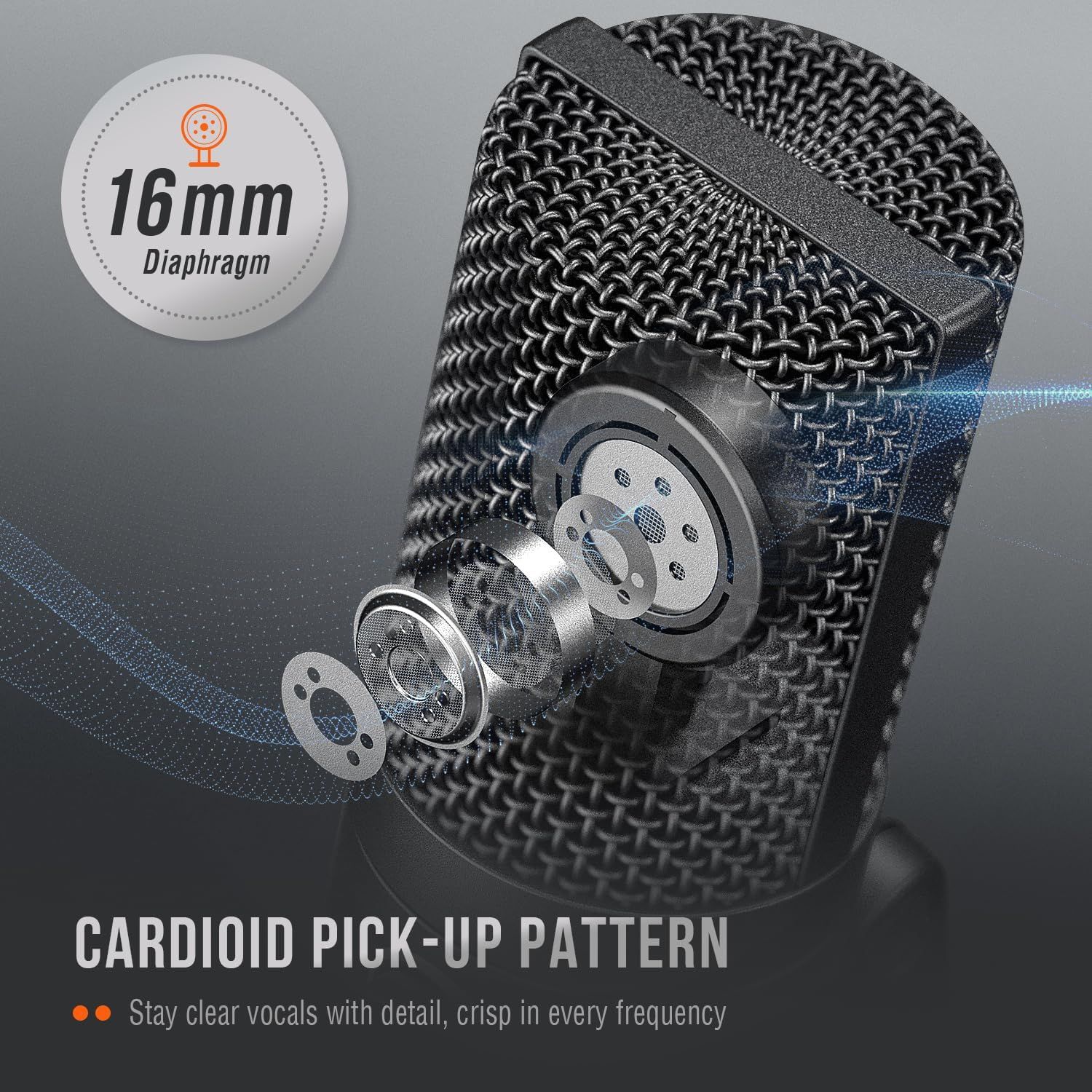 Highlights the internal technical components of the microphone, specifically the 16mm diaphragm and cardioid pick-up pattern, to communicate superior audio quality and vocal clarity to shoppers.…