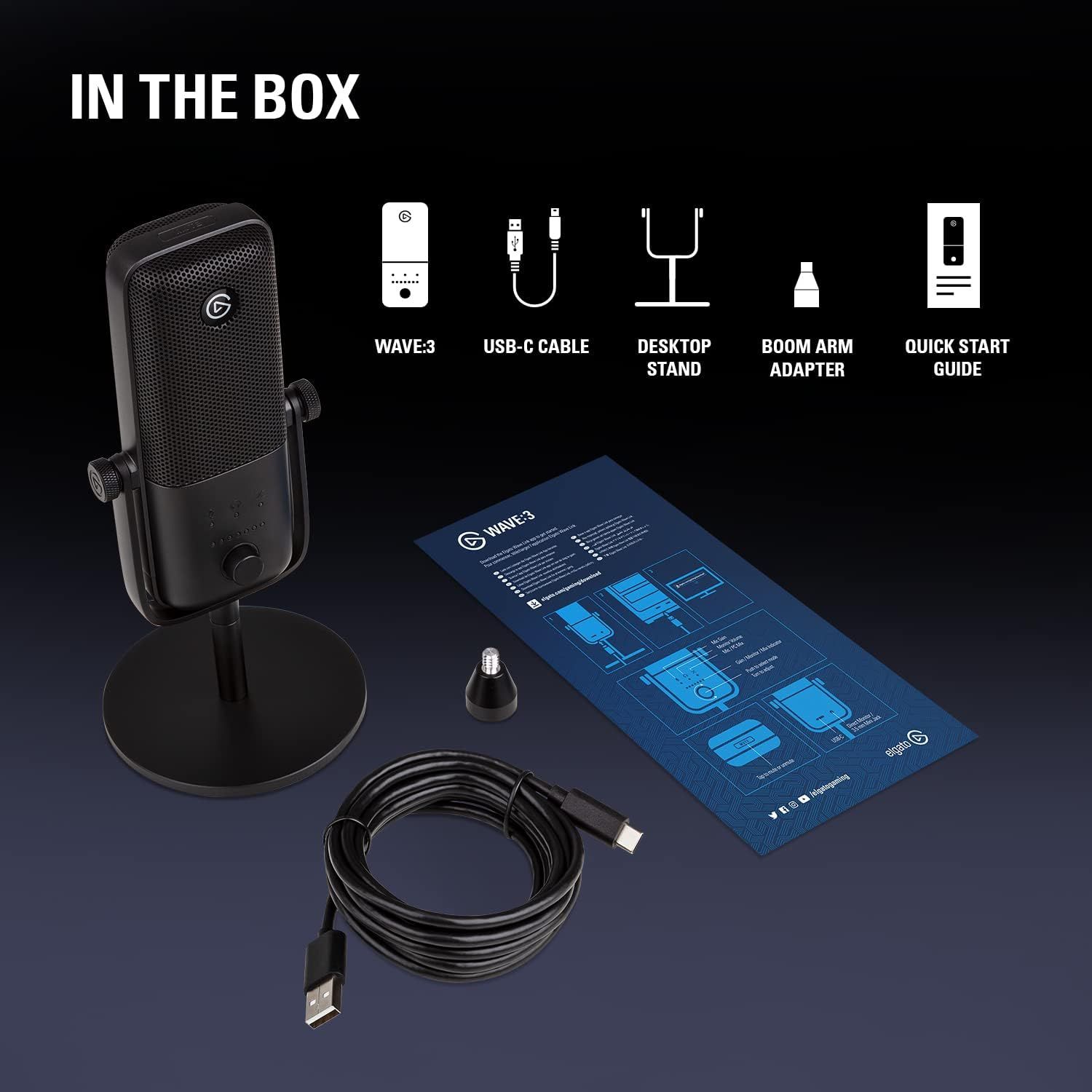 Shows the customer everything included in the package: the Wave:3 microphone, desktop stand, USB-C cable, boom arm adapter, and quick start guide, providing clarity on the full value of the purchase.