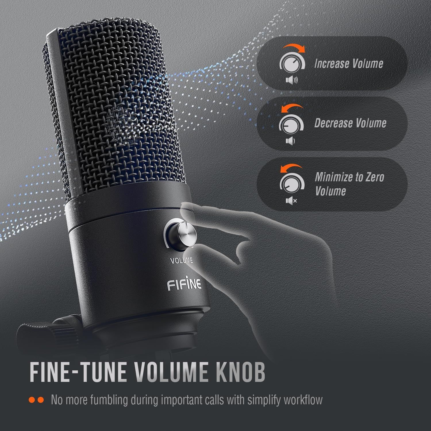 Highlights the physical volume knob control on the microphone, showing its three adjustment modes (increase, decrease, minimize to zero) to reassure users of precise, easy volume control during…