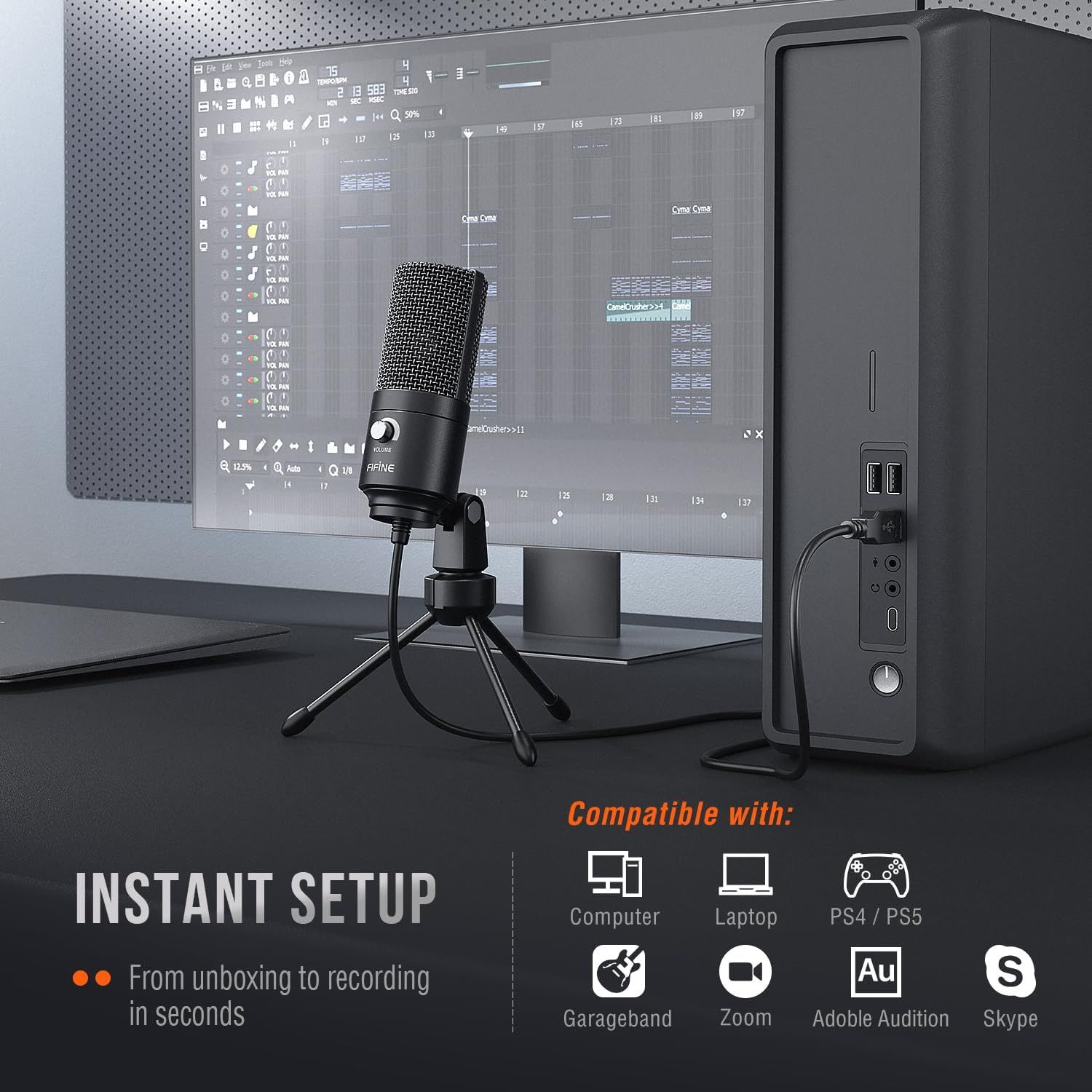 Demonstrates the microphone's broad compatibility across multiple devices and software platforms (Computer, Laptop, PS4/PS5, Garageband, Zoom, Adobe Audition, Skype) while emphasizing instant setup…