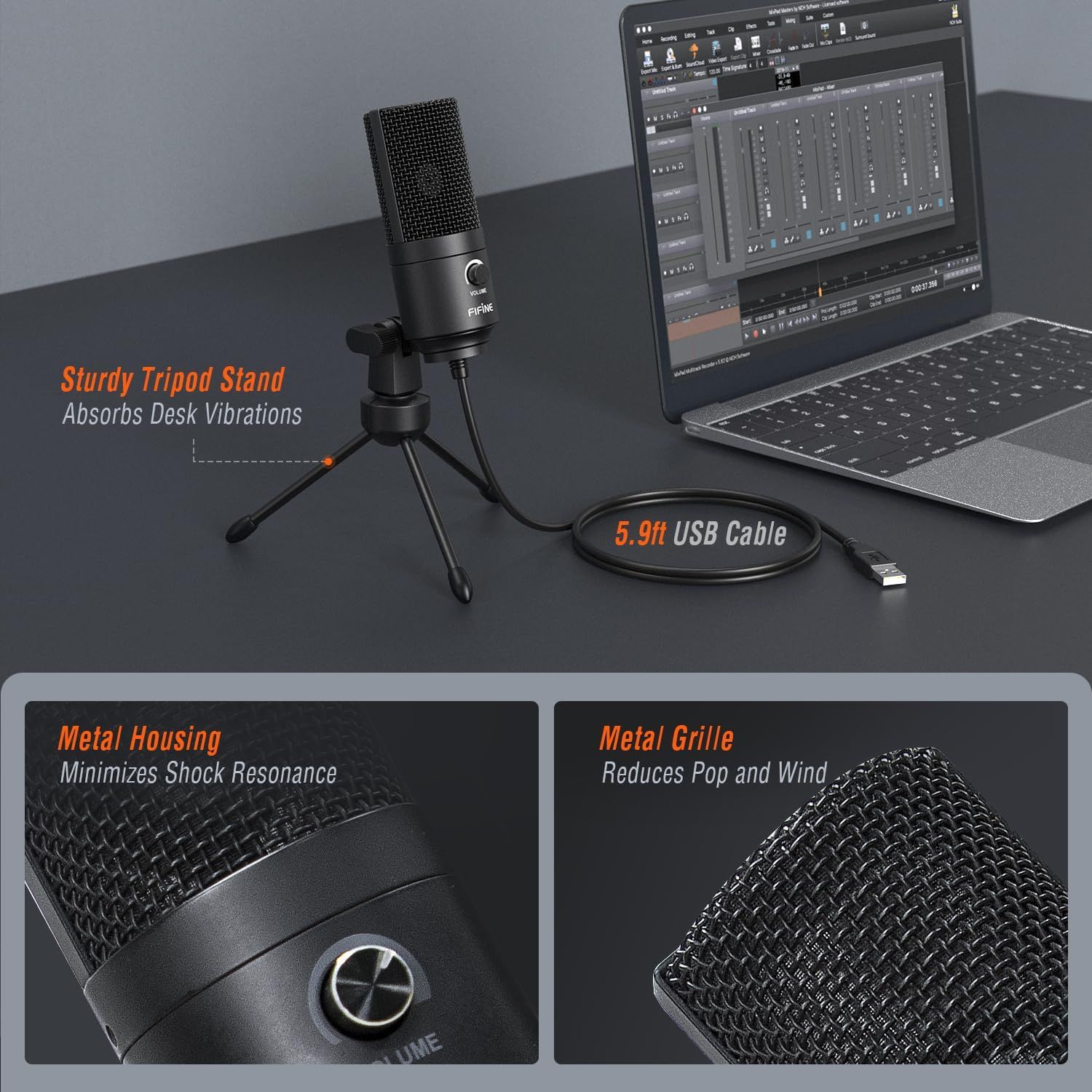 Highlights multiple distinct features and benefits of the microphone including its stable tripod stand that absorbs vibrations, long USB cable for connectivity, metal housing for durability, and…