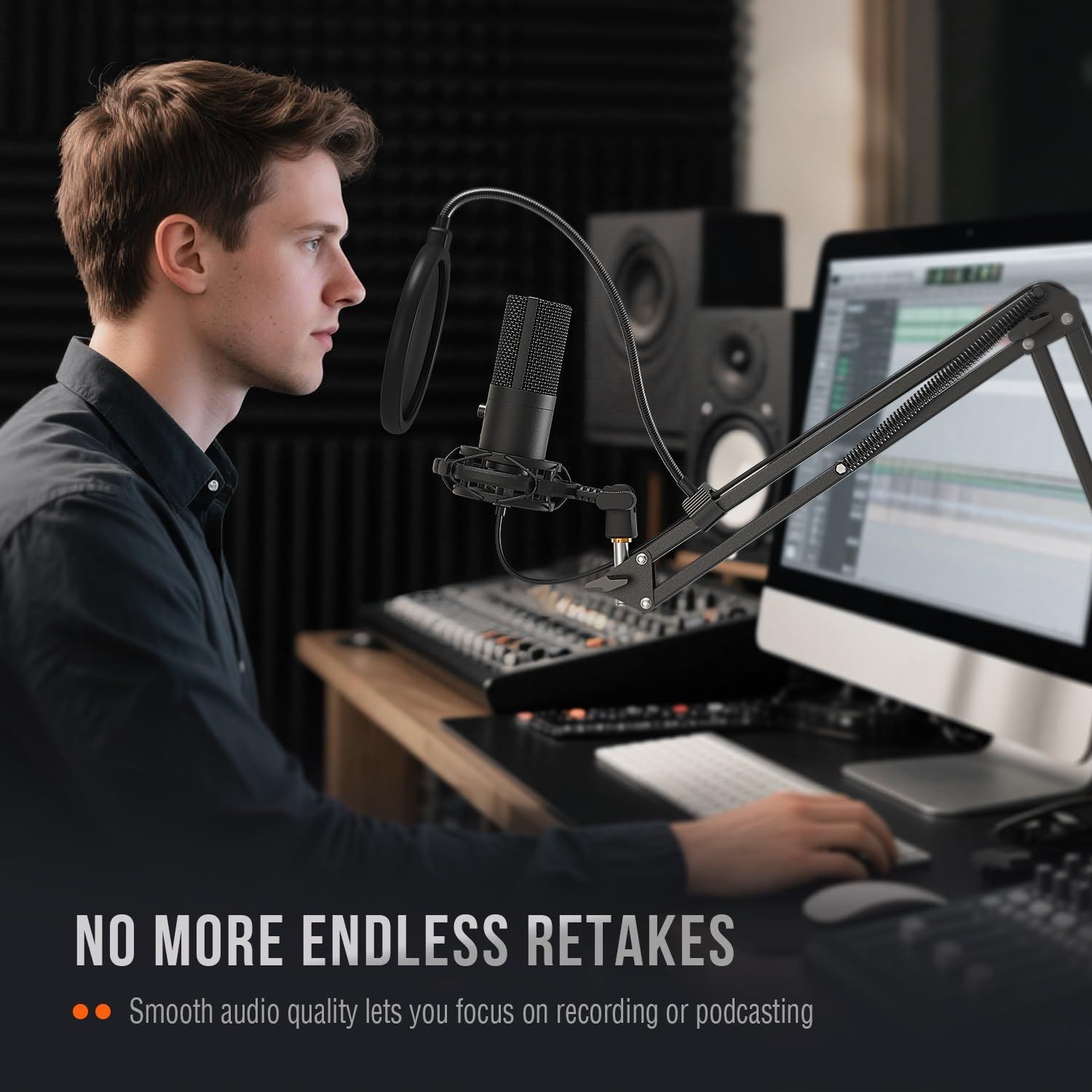 Communicates that the product delivers smooth, high-quality audio that eliminates the need for endless retakes, allowing users to focus on recording or podcasting efficiently.