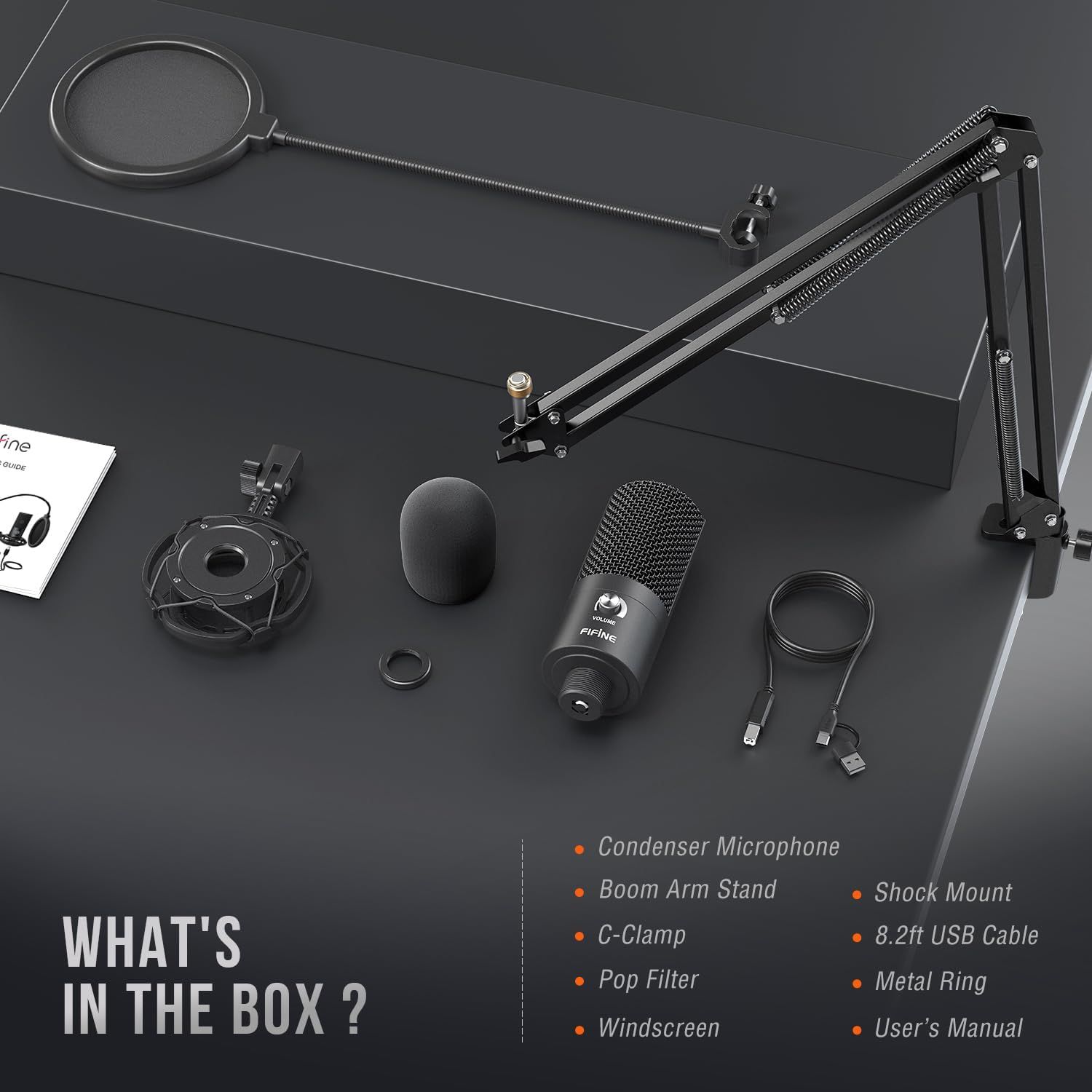 Shows all the components included in the package to reassure shoppers they're getting a complete, ready-to-use microphone setup with all necessary accessories.