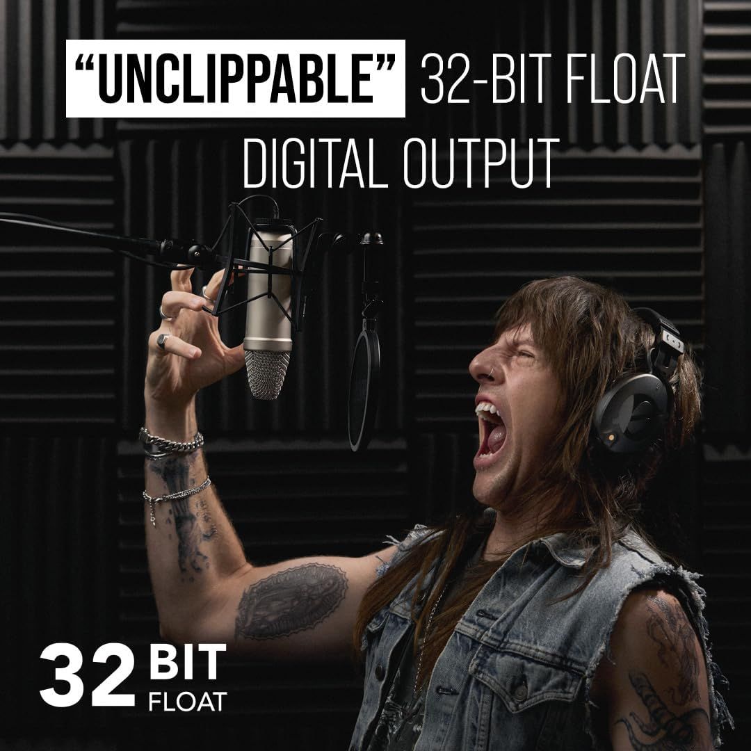 Highlights the microphone's advanced 32-bit float digital output technology that prevents audio clipping, reassuring professional users and content creators of superior audio quality and reliability.