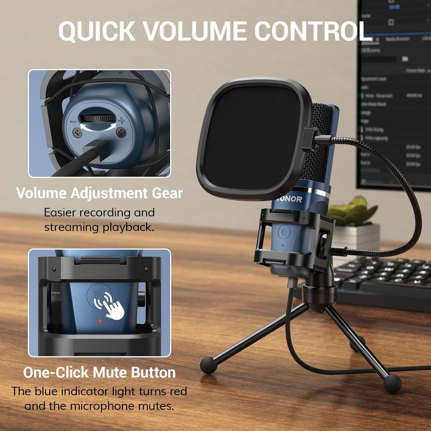 Highlights two distinct convenience features of the microphone—quick volume control and easy mute functionality—to show ease of use for recording and streaming.