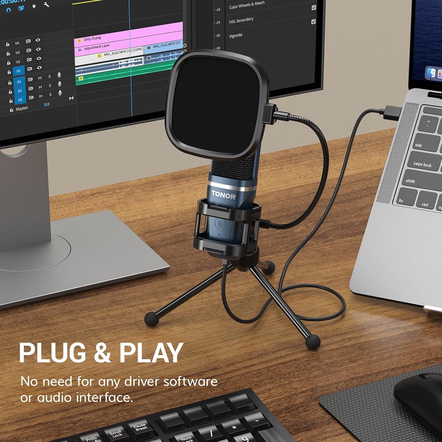 Communicates the ease of setup by highlighting that the microphone requires no driver software or audio interface, reassuring shoppers of hassle-free installation.