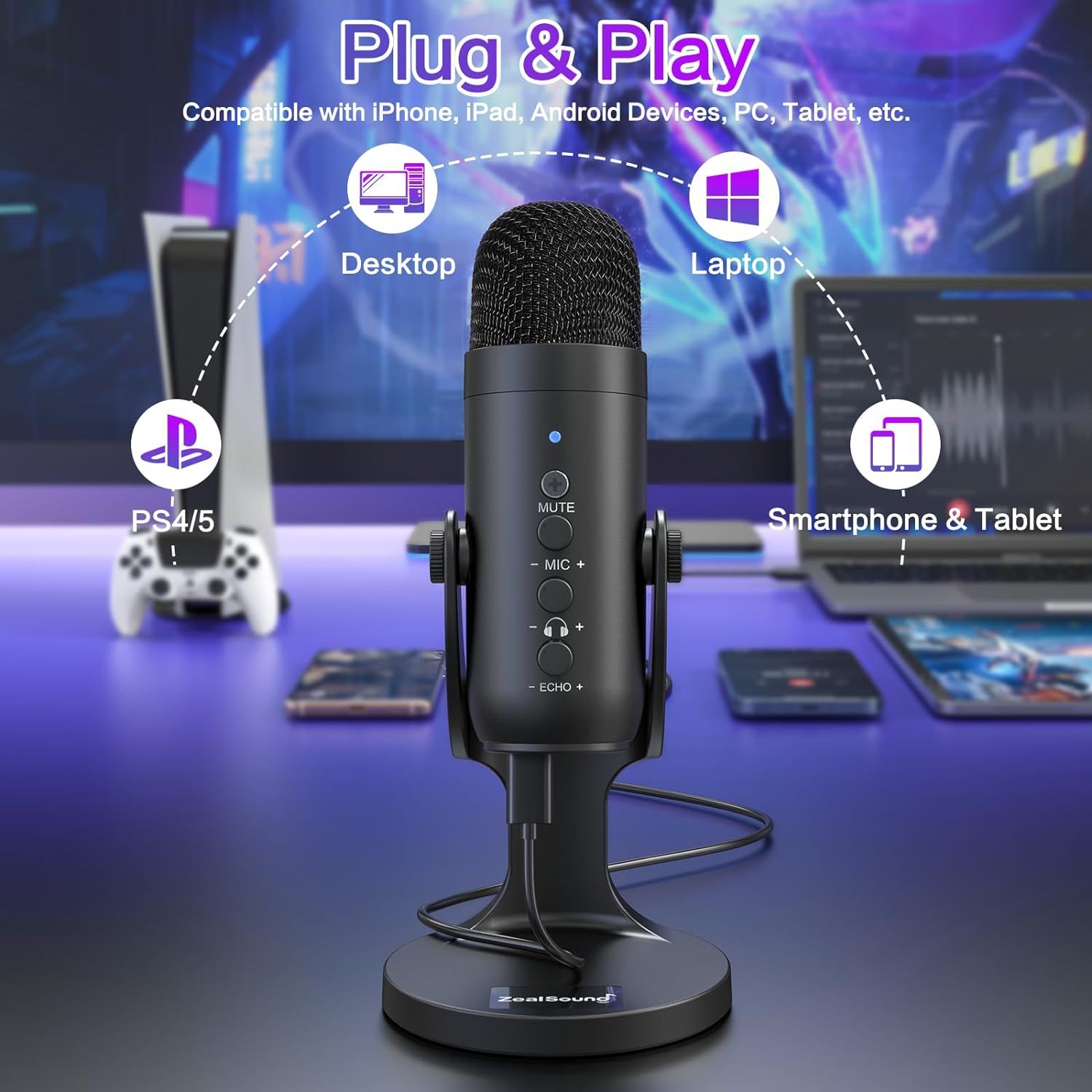 Demonstrates the microphone's versatility by showing it works with multiple device types including desktop, laptop, PS4/5, and smartphones/tablets, reassuring shoppers of broad compatibility.