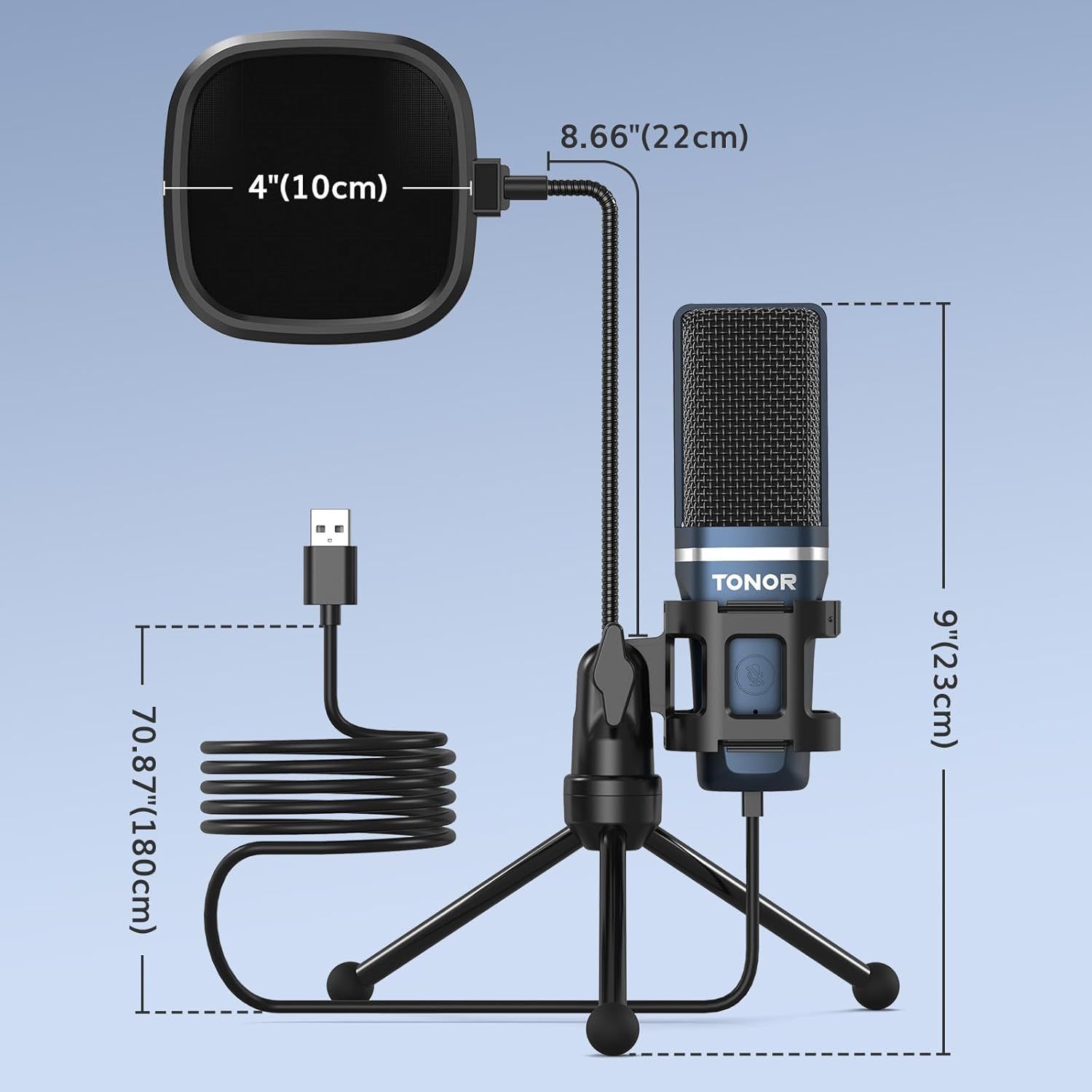 Communicates the exact physical measurements of the microphone setup, pop filter, cable length, and tripod base to help shoppers understand the product's size and footprint.